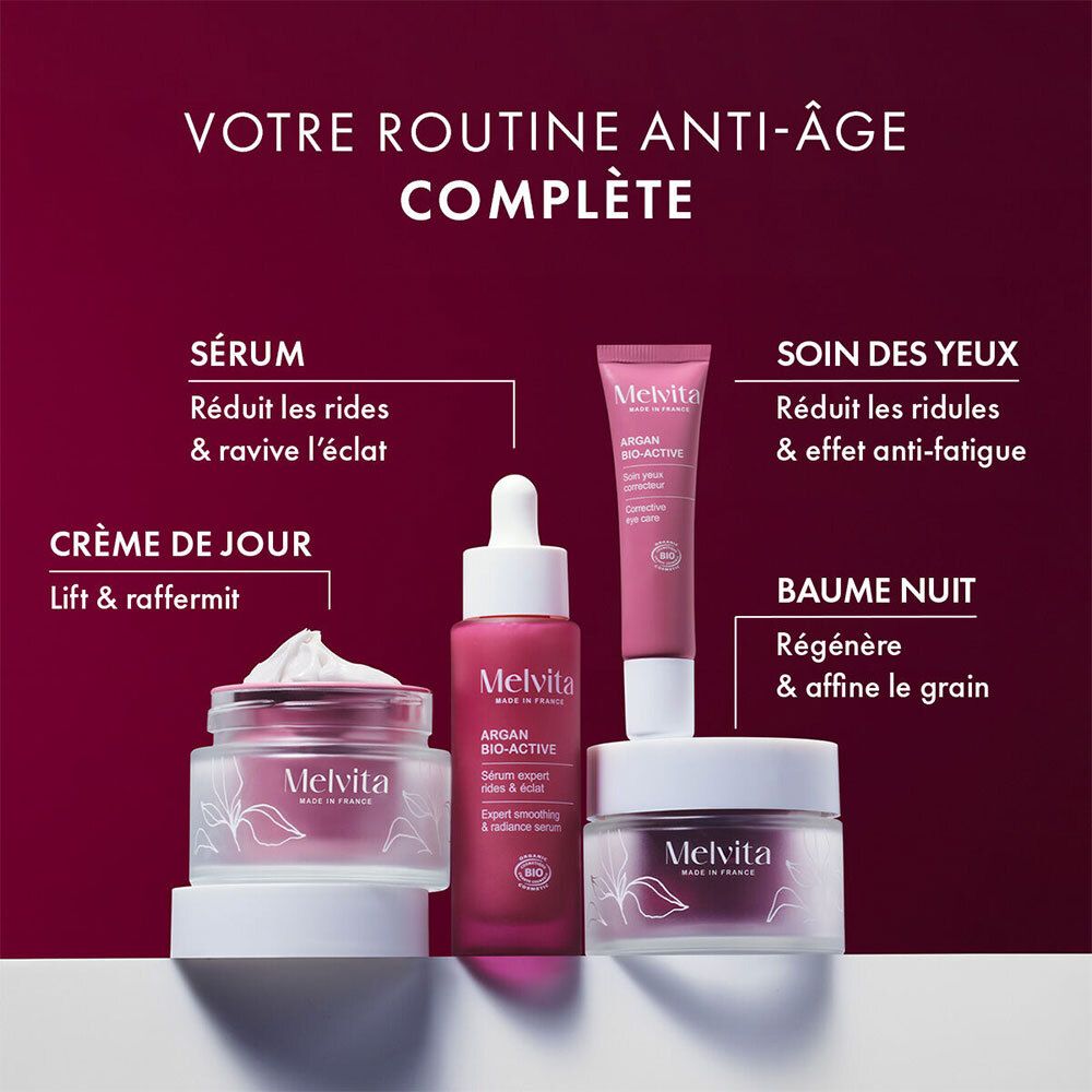 Différents produits : sérum, soin des yeux, crème de jour, baume de nuit. Texte : Votre routine anti-âge.