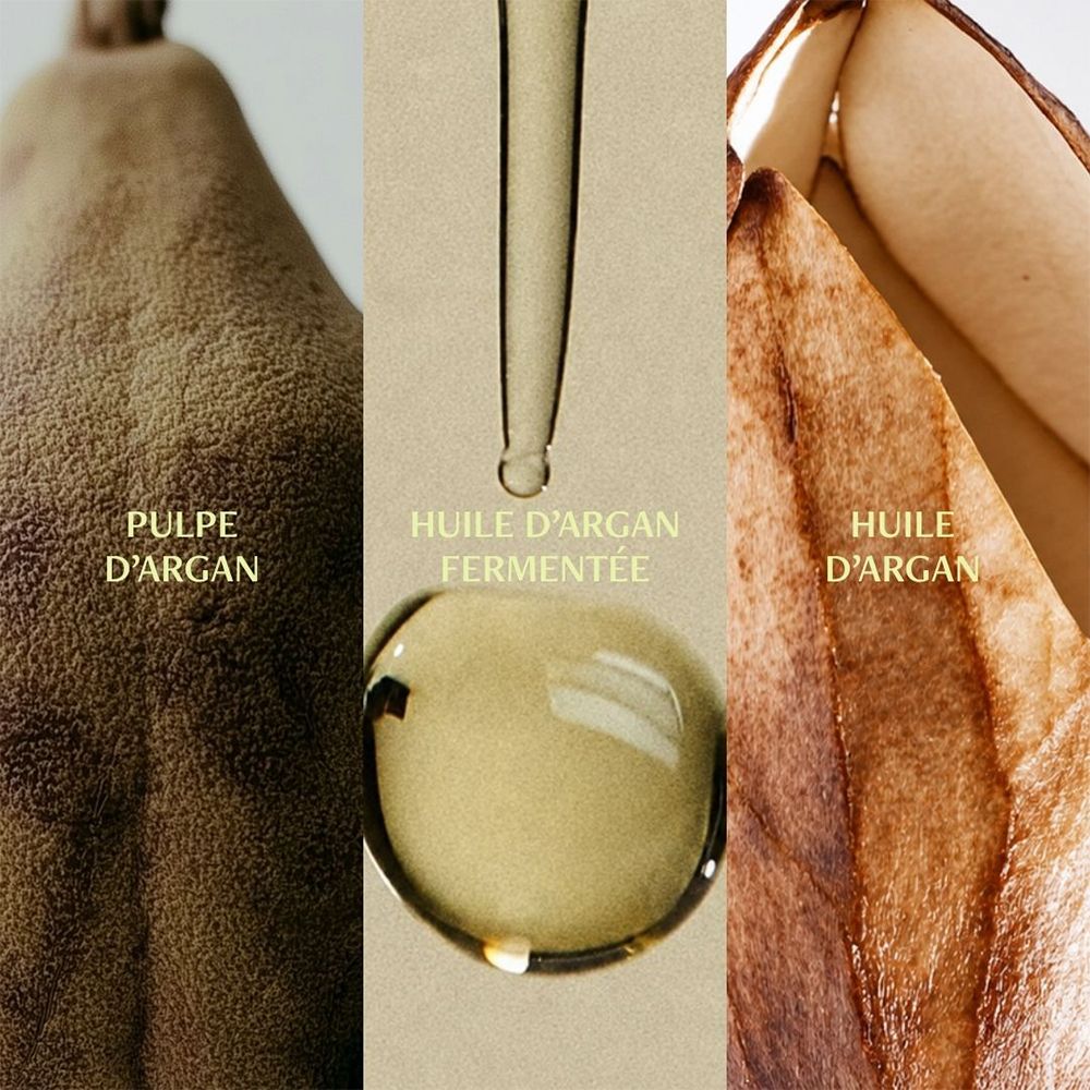 Pulpe d'argan, huile d'argan fermentée et huile d'argan.