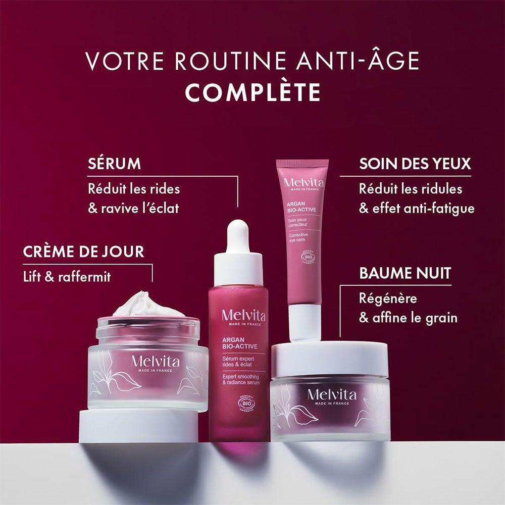 Plusieurs produits Melvita. Texte: Votre routine anti-âge complète. Produits: Sérum, Crème de jour, Soin des yeux, Baume nuit.