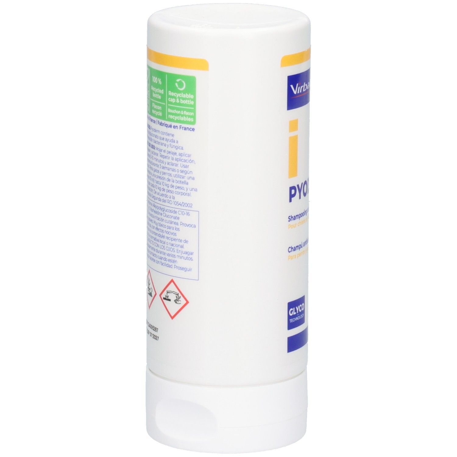 Flacon blanc, dos avec texte. Logo ECO. Symboles de danger. Texte en français. Fabriqué en France.