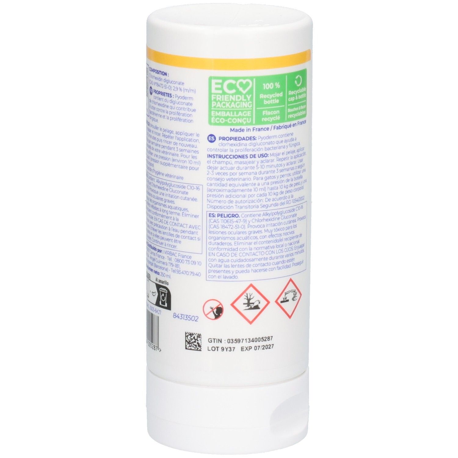 Dos d'un flacon blanc. Texte, symboles de danger, code QR. Logo ECO. Fabriqué en France.