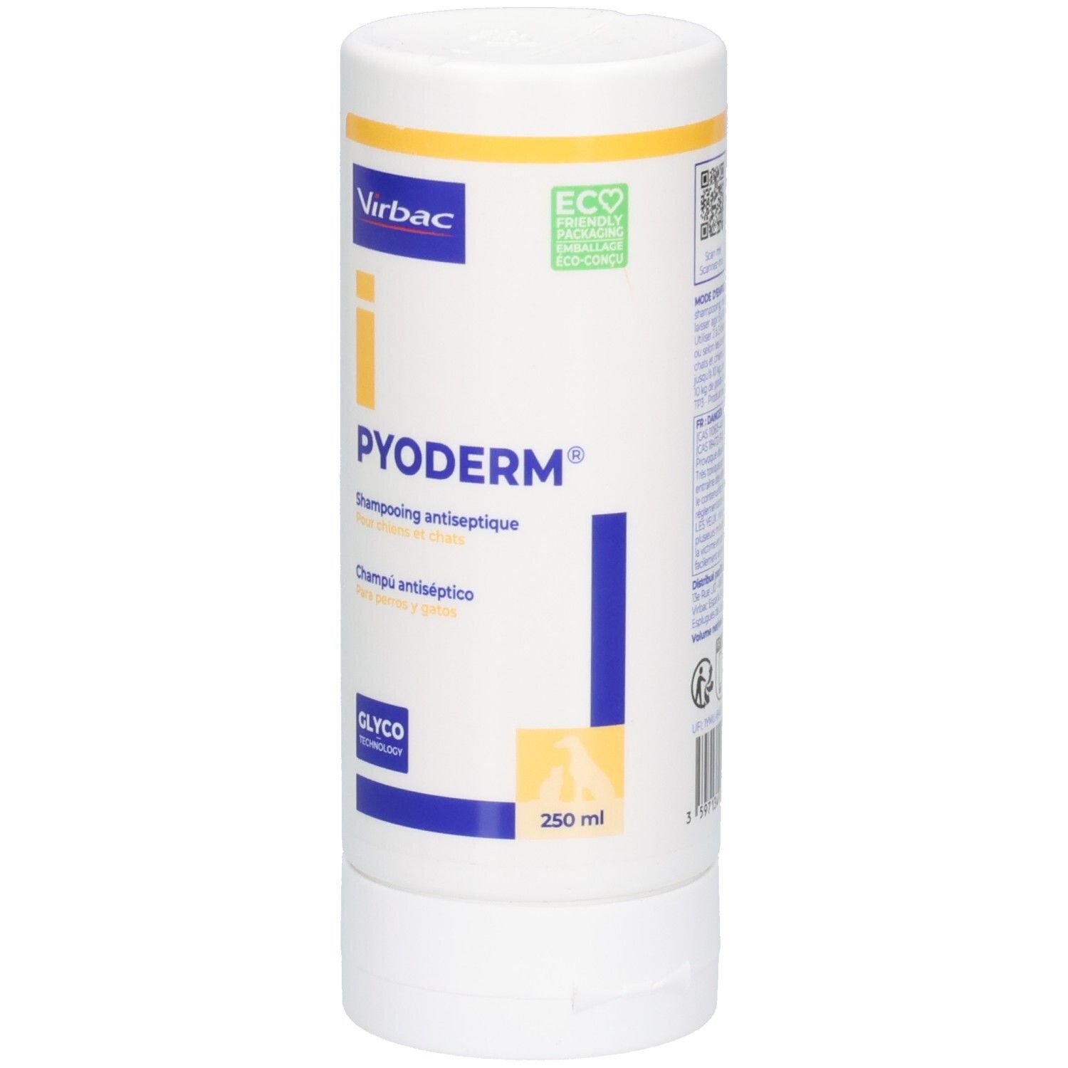 Flacon blanc avec accents jaunes et bleus. Inscription : PYODERM, Virbac. 250 ml. Logo ECO.