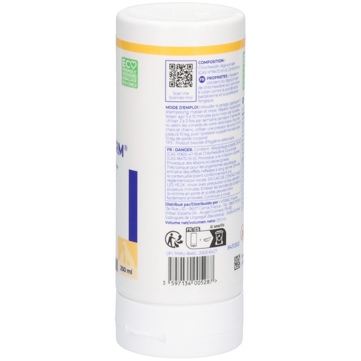 Dos d'un flacon blanc. Texte, code QR, logo ECO. Volume : 200 ml. Fabriqué en France.
