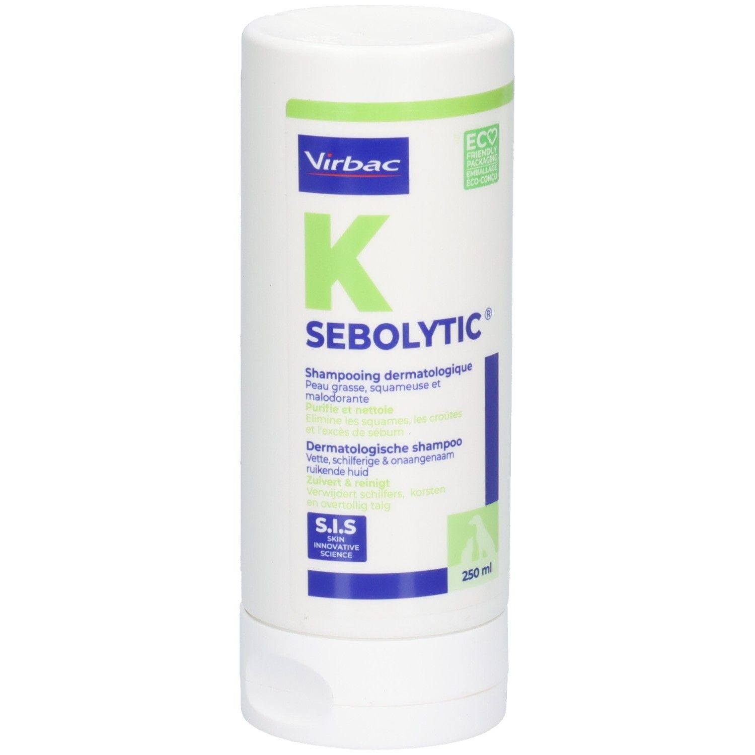 Flacon blanc avec étiquette verte et bleue. Texte : K SEBOLYTIC, shampooing dermatologique. Logo Virbac. 250 ml.