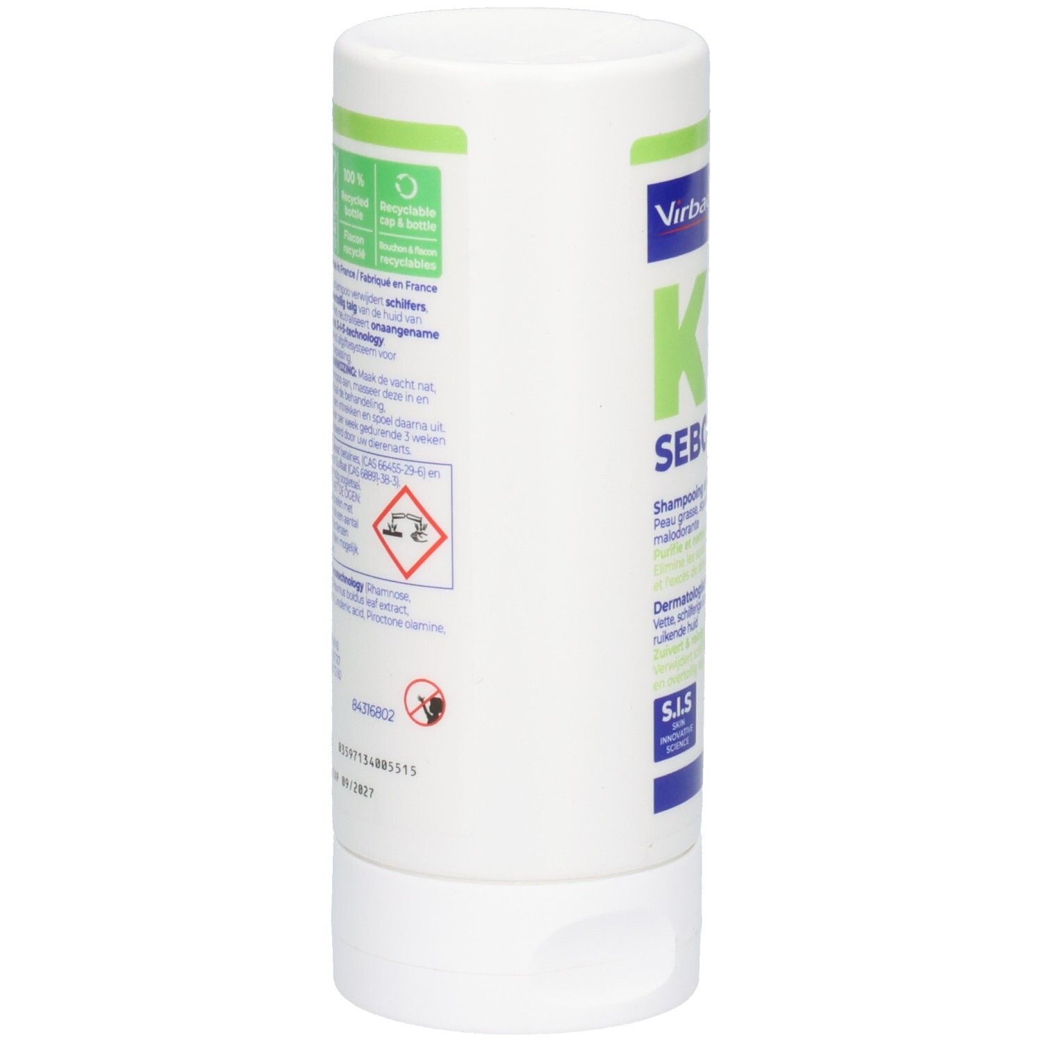 Dos du flacon blanc. Texte et symboles. Certification écologique. Symbole de danger. Logo Virbac.
