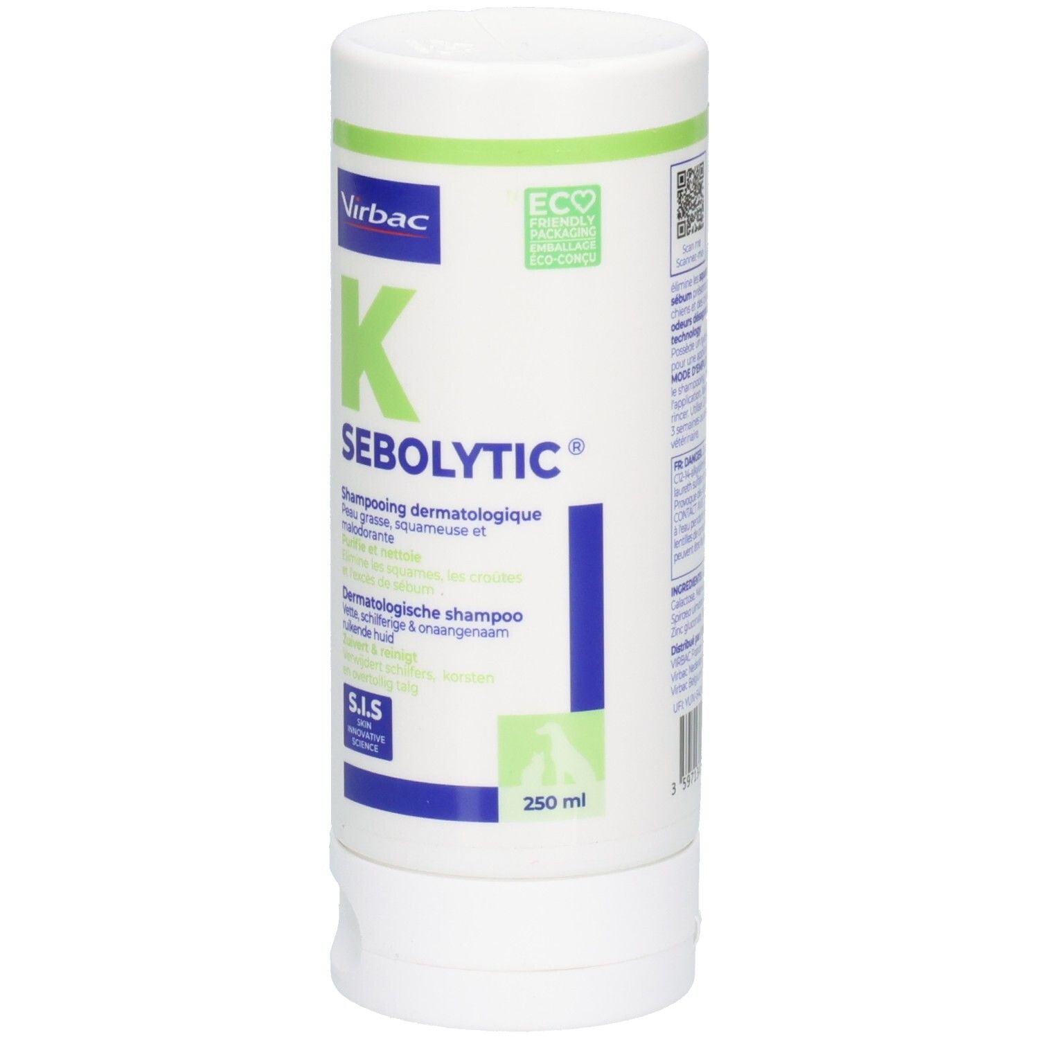 Flacon blanc avec étiquette verte et bleue. Texte : K SEBOLYTIC, shampooing dermatologique. Logo Virbac. 250 ml.