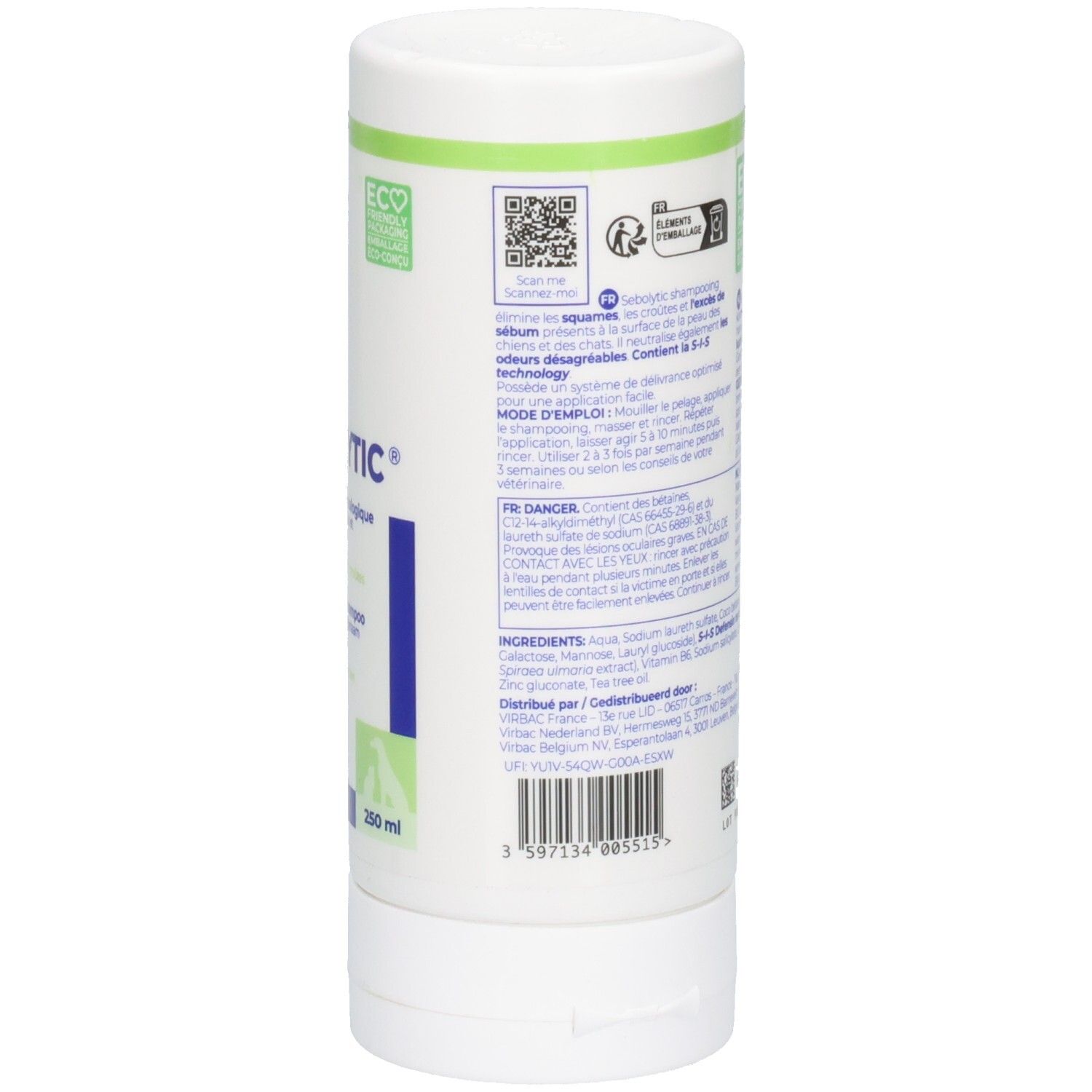 Dos du flacon blanc. Texte et symboles. Certification écologique. Code QR. Ingrédients.