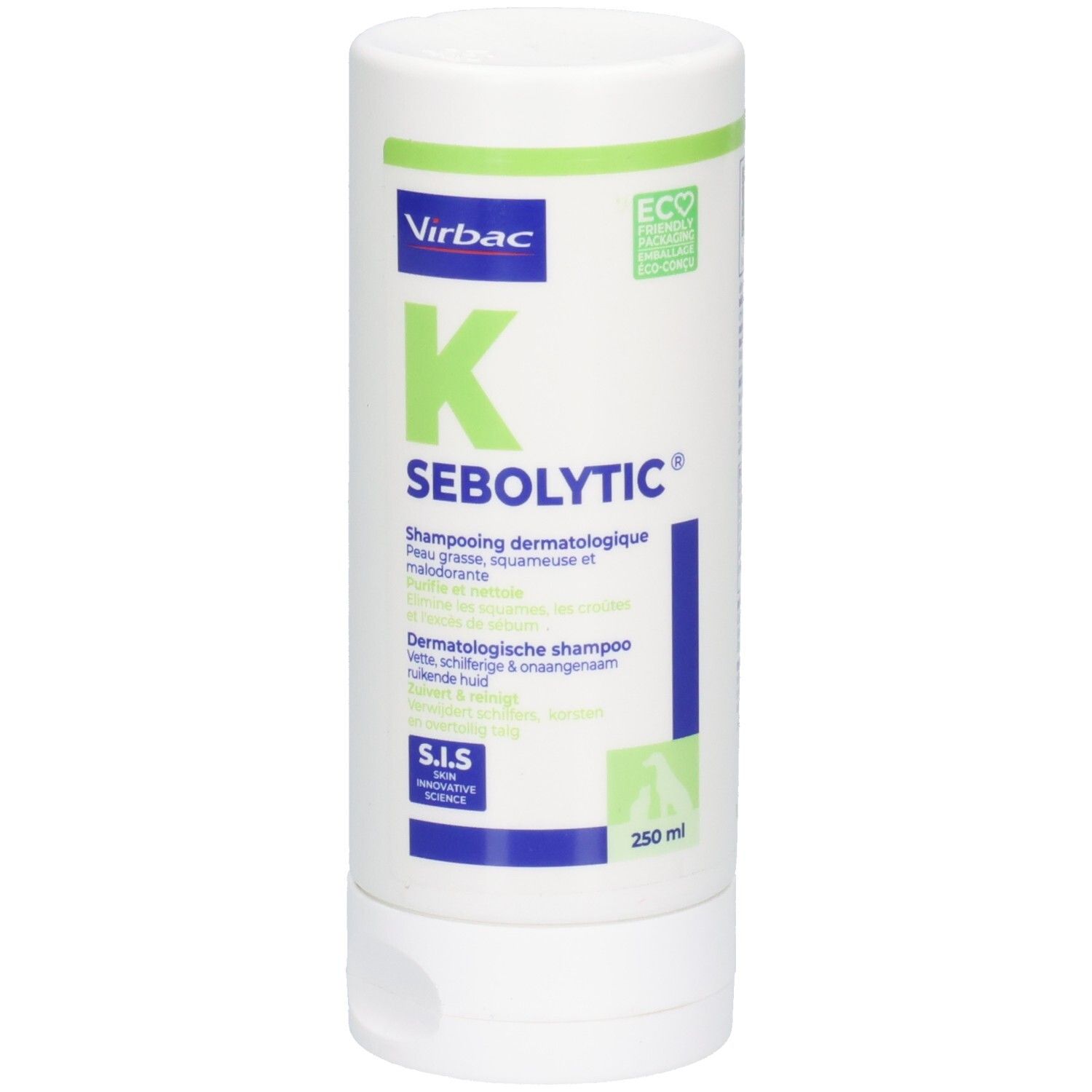 Flacon blanc avec étiquette verte et bleue. Texte : K SEBOLYTIC, shampooing dermatologique. Logo Virbac. 250 ml.