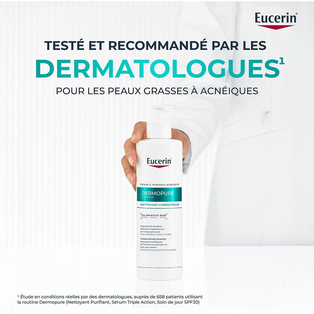 Flacon. Logo Eucerin. DermoPure Clinical. Gel nettoyant. Testé et recommandé par les dermatologues.