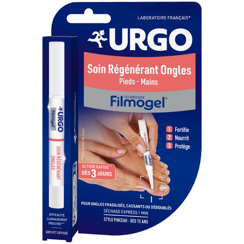 URGO Filmogel soin ongles. Emballage avec stylo et illustration. Emballage bleu avec nom du produit et logo.
