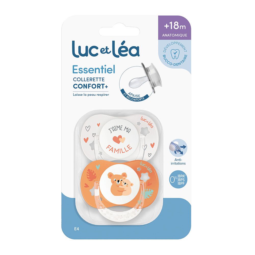 Deux sucettes anatomiques dans un emballage. Une blanche imprimée, une orange avec un motif koala. Marque : Luc et Léa.