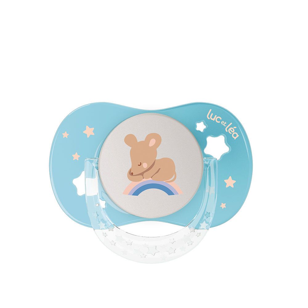 Sucette anatomique de nuit, bleue. Motif : ours sur arc-en-ciel. Marque Luc et Léa. Bouton phosphorescent.
