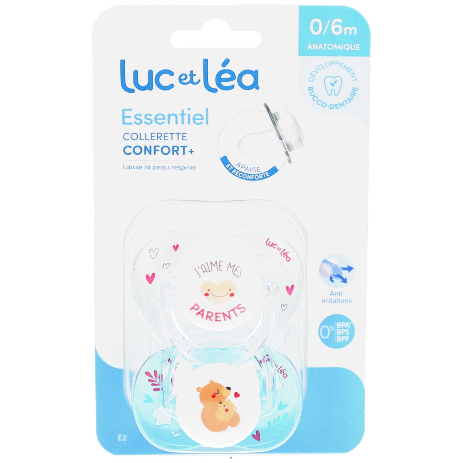 Pack de deux sucettes bleues. Motifs imprimés. Forme anatomique. Emballage avec nom et logo du produit.