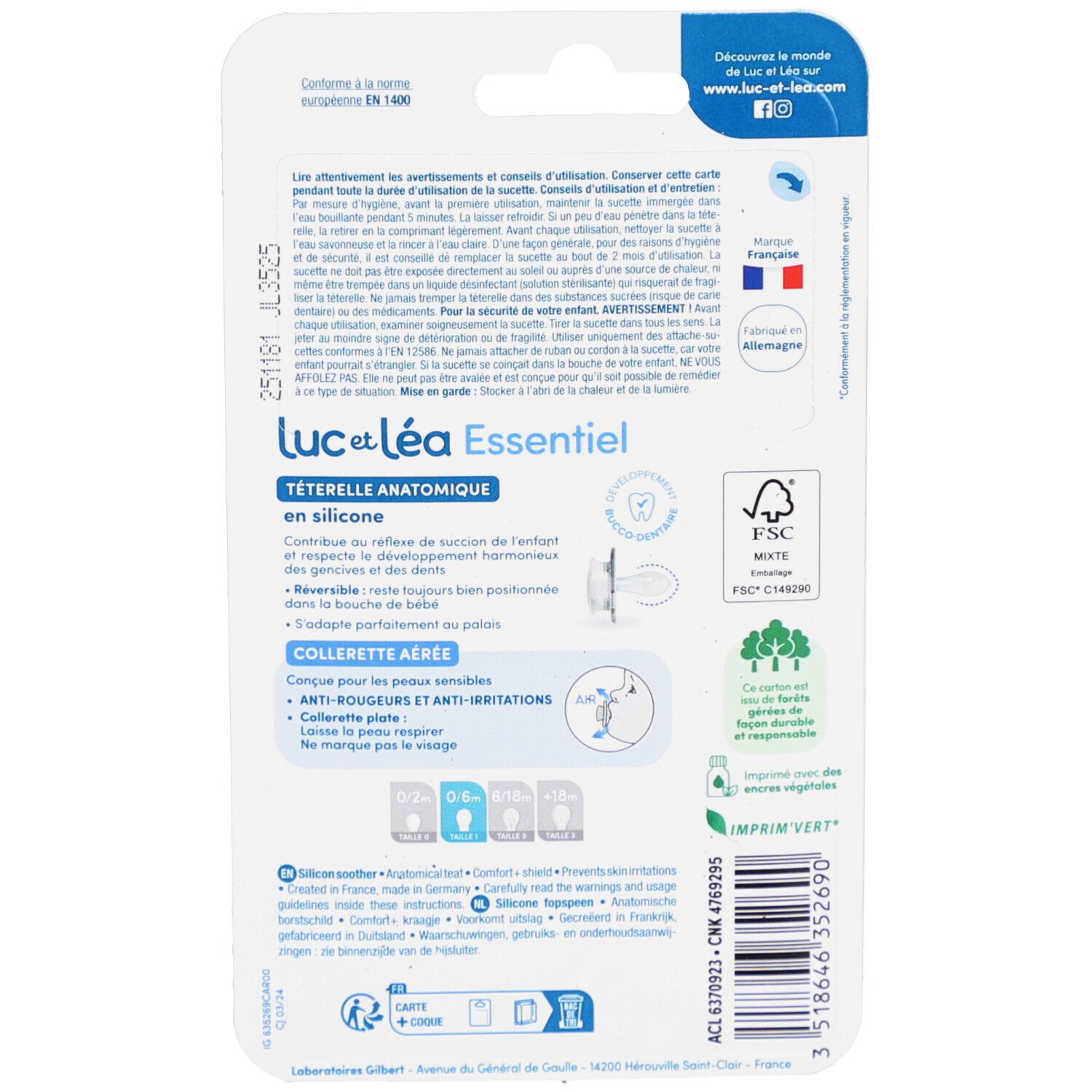 Dos de l'emballage. Texte multilingue. Sucette anatomique. Logo FSC. Fabriqué en France et en Allemagne.