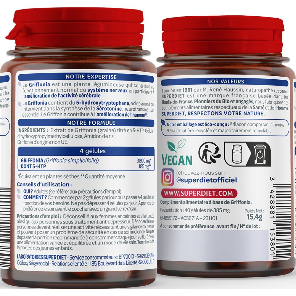 Dos du flacon. Texte: ingrédients, conseils d'utilisation, logo Vegan, symbole de recyclage. Marque: SUPERDIET.