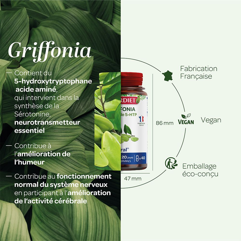 Graphique avec flacon et texte. Texte: Griffonia, 5-Hydroxytryptophane, Vegan, 86mm x 47mm, Emballage éco-conçu.