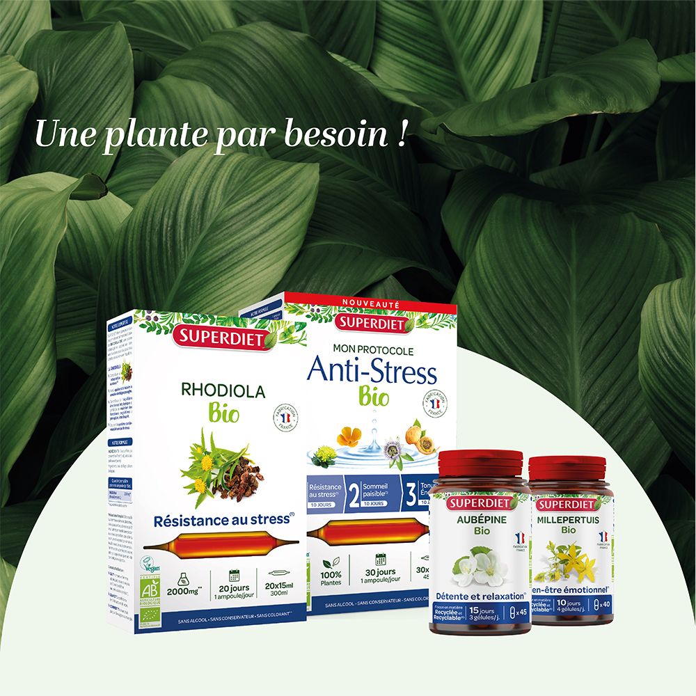 Trois emballages de produits. Texte: Rhodolia Bio, Anti-Stress Bio, Griffonia. Logo Vegan.