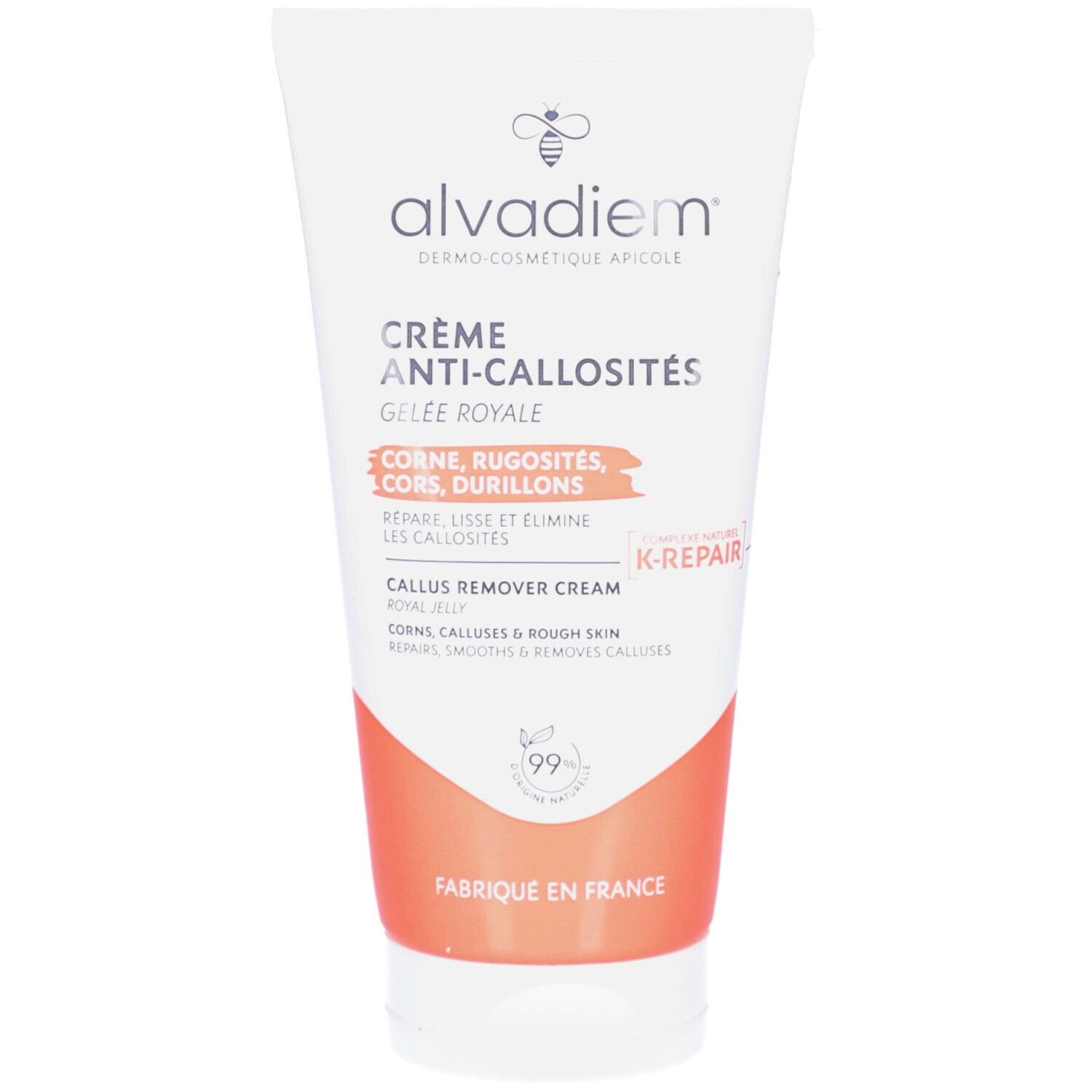 Tube blanc ALVADIEM Crème Anti-Callosités. Inscription Gelée Royale, K-REPAIR, 99%. Accents orange. Fabriqué en France.