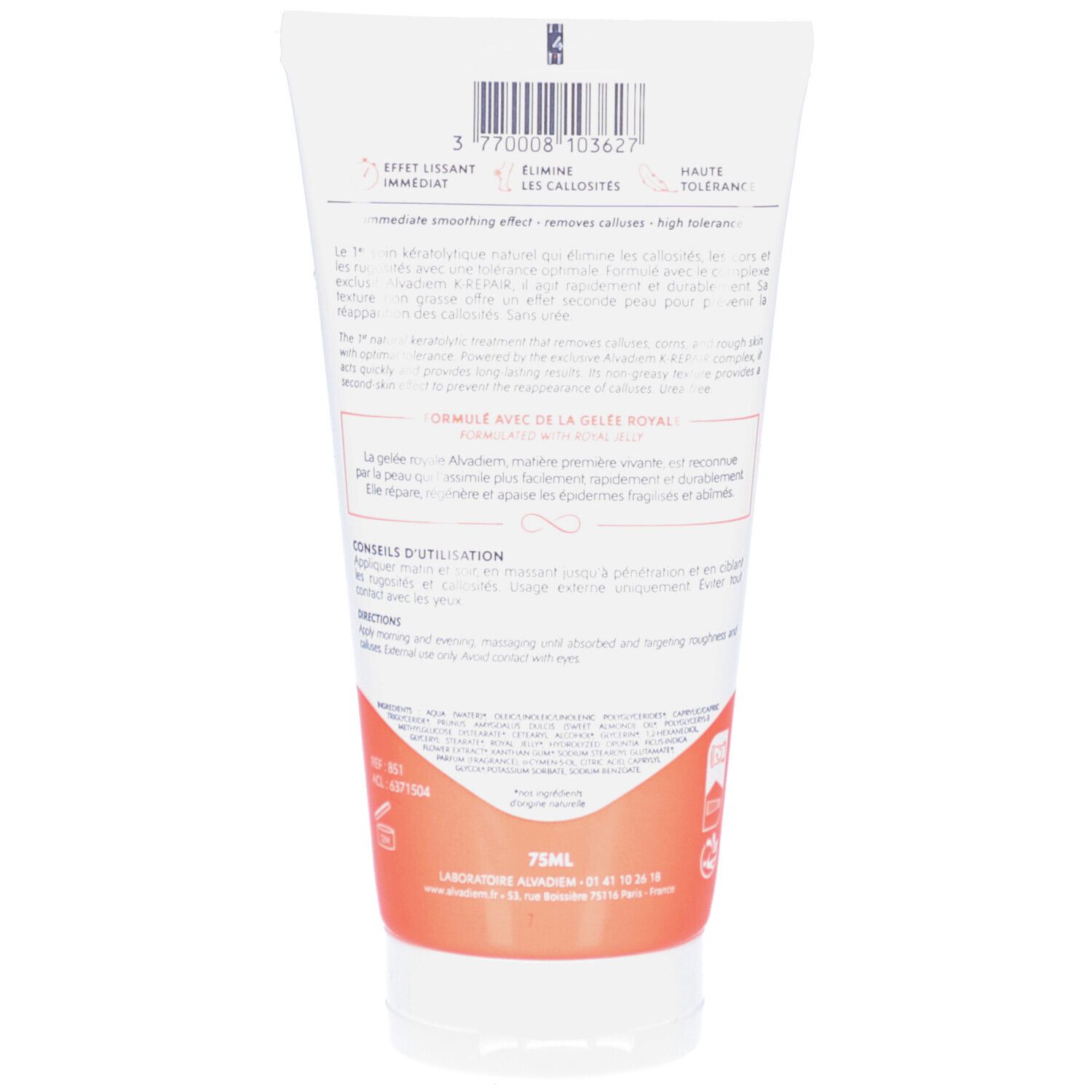 Dos du tube. Texte: Effet lissant immédiat, Elimine les callosités. Code-barres. Textes et logos. 75ml.