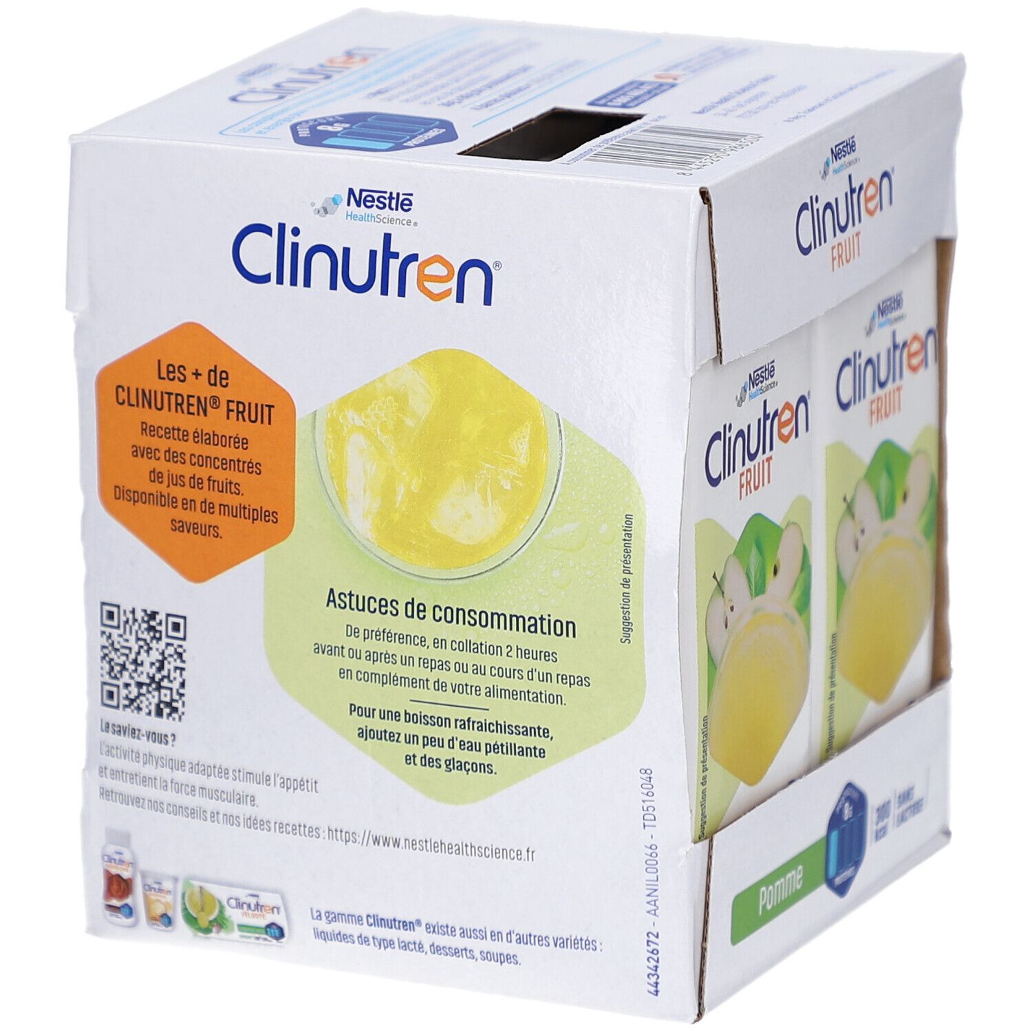 Emballage avec briques. Inscription: Clinutren Fruit, illustration, conseils d'utilisation. Nestlé Health Science. Code QR.