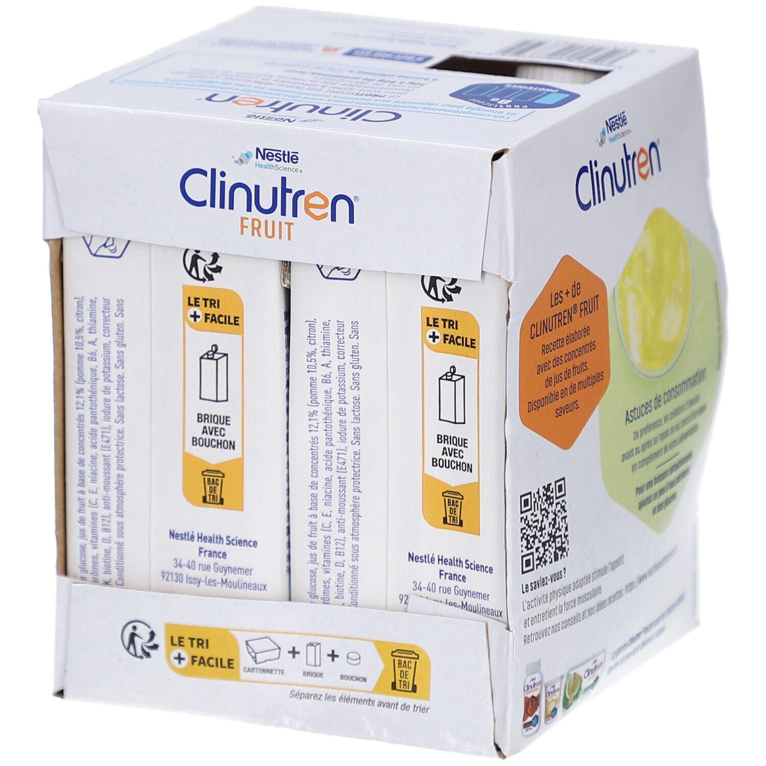 Emballage avec briques. Inscription: Clinutren Fruit, illustration, informations de recyclage. Nestlé Health Science.