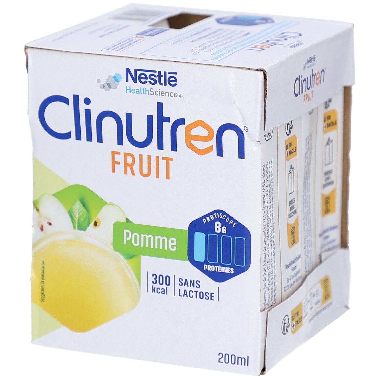 Emballage avec brique. Inscription: Clinutren Fruit Pomme, illustration de pomme, 300 kcal, sans lactose, 8g protéines. Nestlé Health Science.
