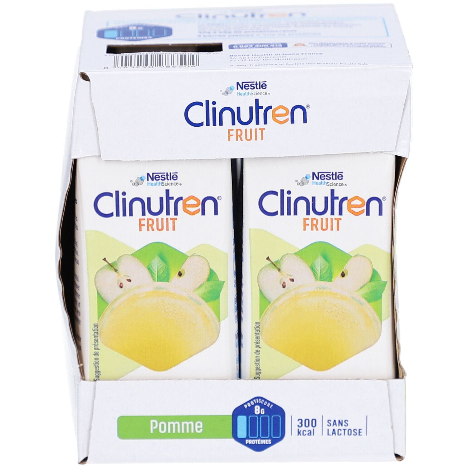 Emballage avec briques. Inscription: Clinutren Fruit Pomme, illustration de pomme, 300 kcal, sans lactose, 8g protéines. Nestlé Health Science.
