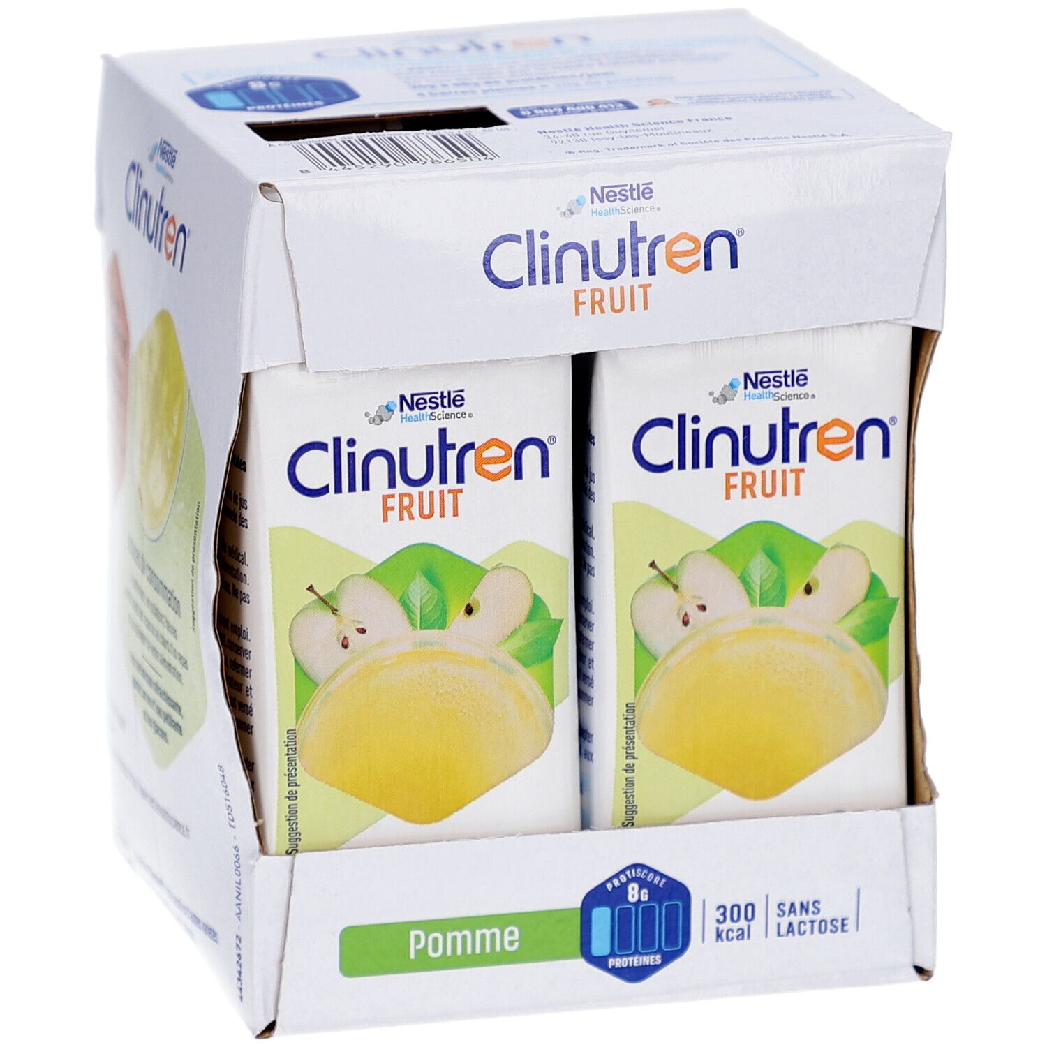 Emballage avec briques. Inscription: Clinutren Fruit Pomme, illustration de pomme, 300 kcal, sans lactose, 8g protéines. Nestlé Health Science.