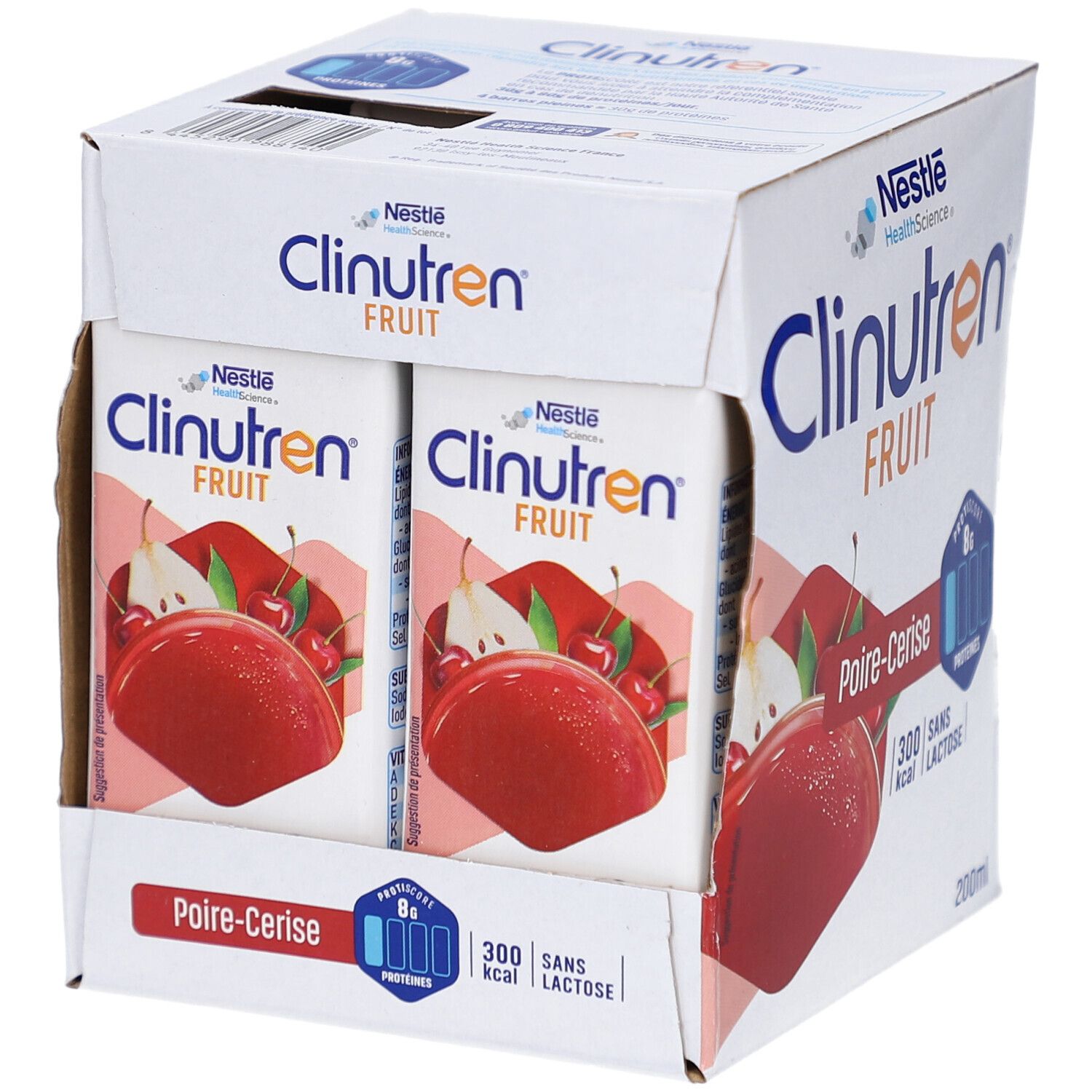 Emballage Clinutren Fruit. Inscription: Poire-Cerise, 8g protéines, 300 kcal, sans lactose. Pack individuel.