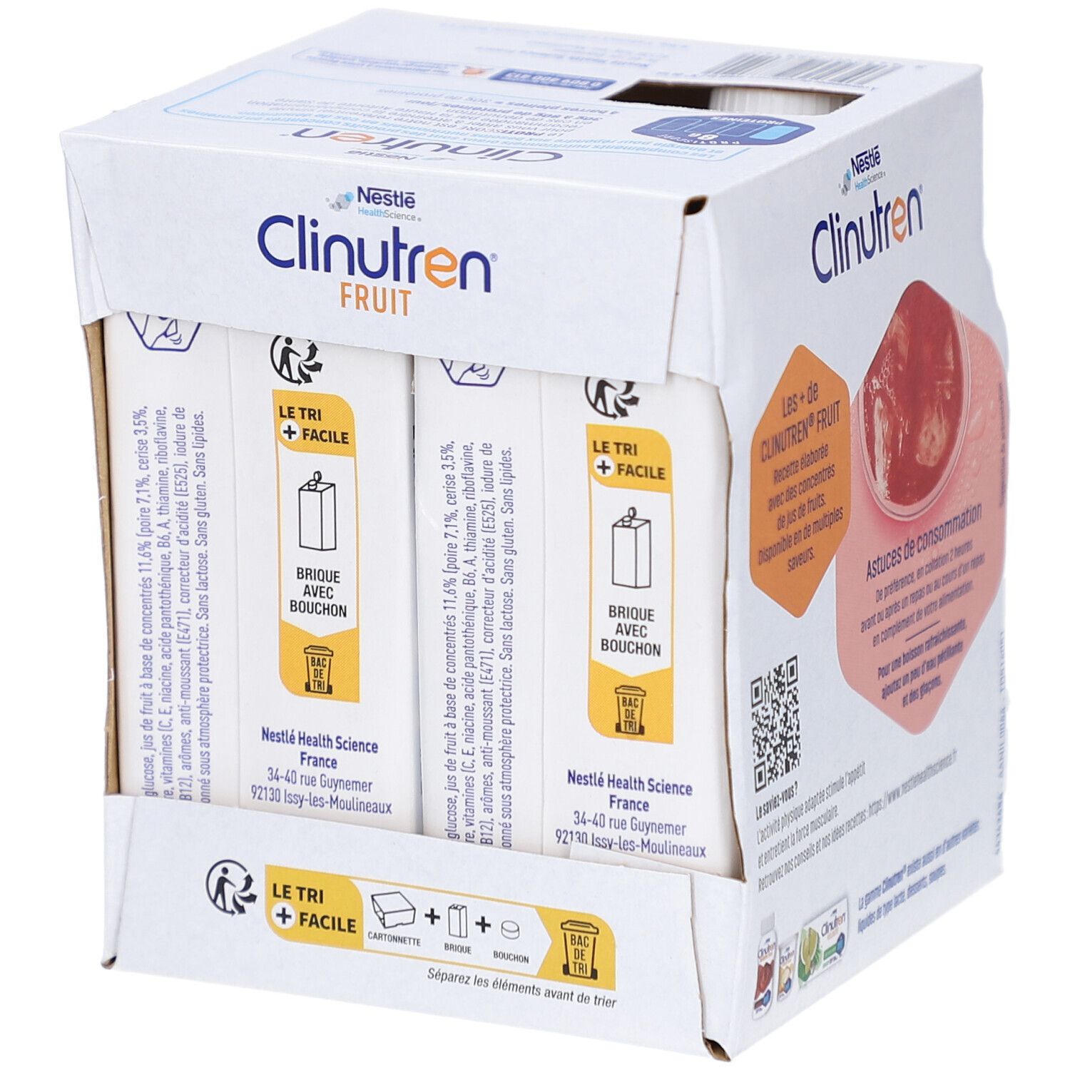 Emballage Clinutren Fruit. Arrière avec informations. Inscription: Poire-Cerise. Avec symbole de paille.