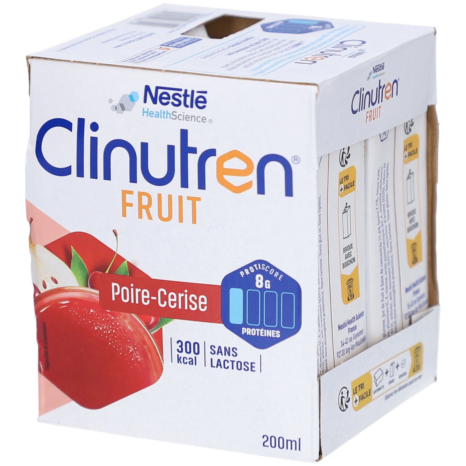 Emballage Clinutren Fruit. Inscription: Poire-Cerise, 8g protéines, 300 kcal, sans lactose. Pack individuel.