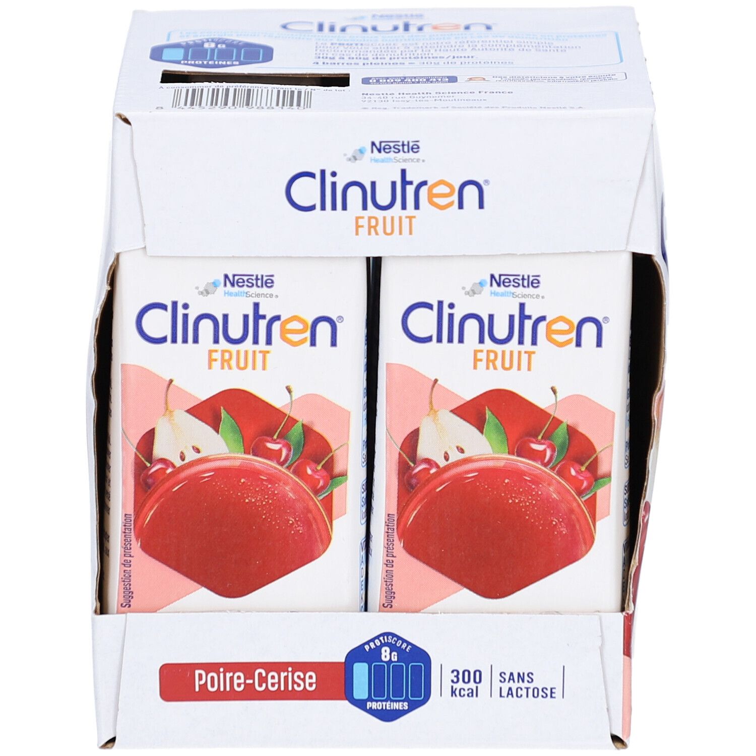 Emballage Clinutren Fruit. Inscription: Poire-Cerise, 8g protéines, 300 kcal, sans lactose. Pack individuel.