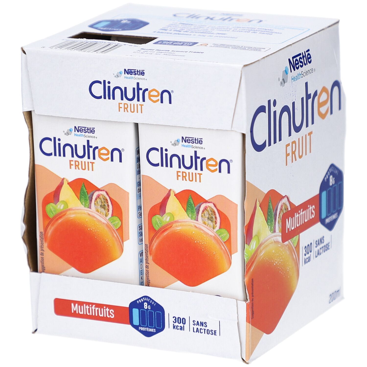 Emballage Clinutren Fruit Multifruits. Briques individuelles avec image de fruits. Inscriptions: 300 kcal, sans lactose.