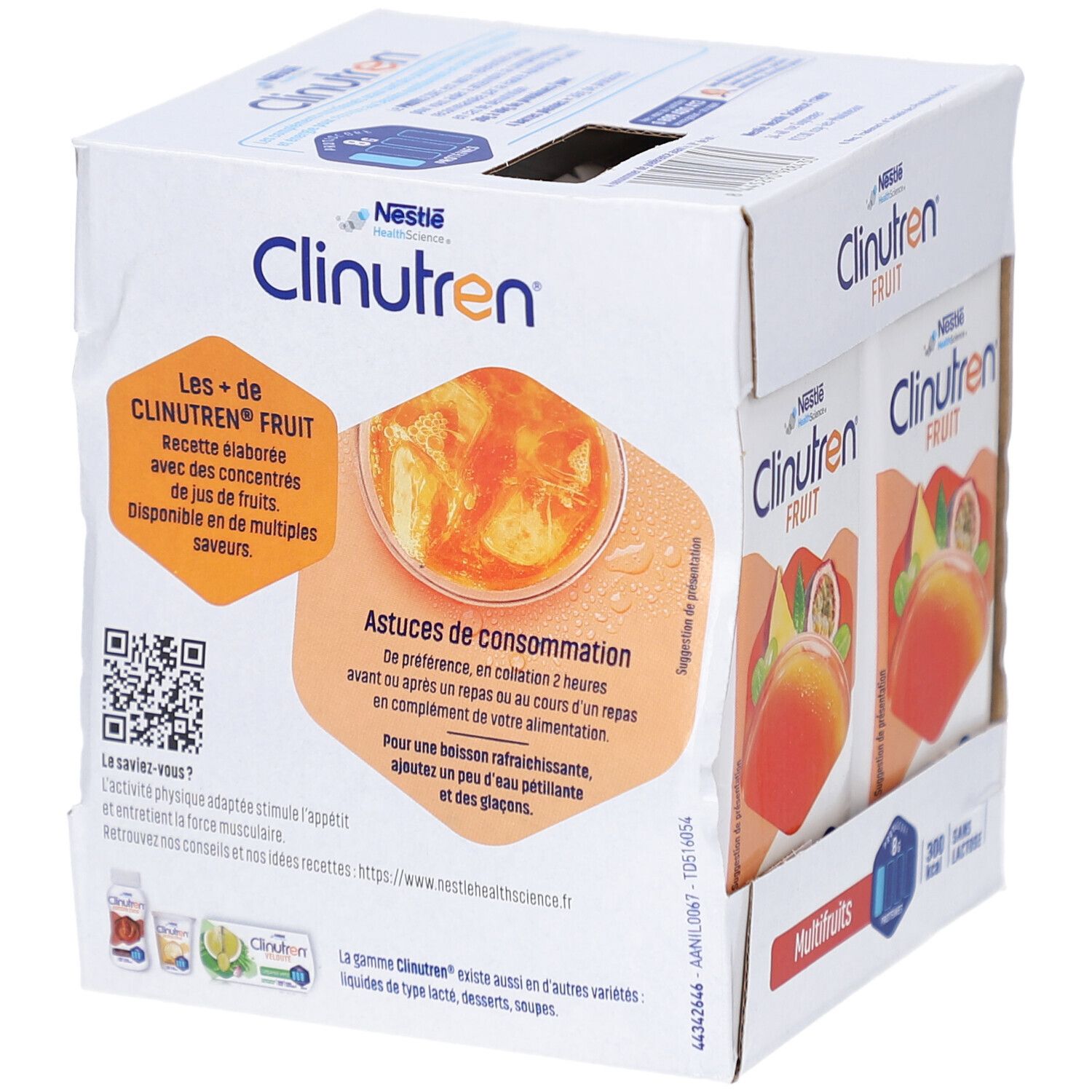Emballage Clinutren Fruit. Verso avec texte et QR code. Briques individuelles avec image de fruits.