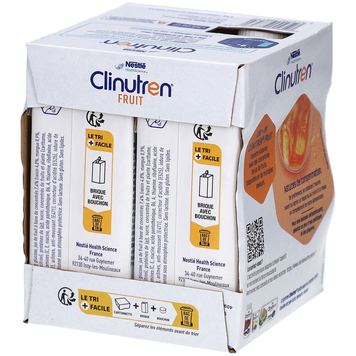 Emballage Clinutren Fruit. Briques individuelles avec image de fruits. Inscriptions: Brique avec bouchon, Le tri + facile.