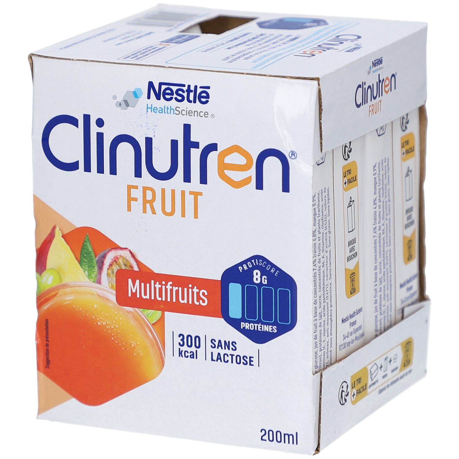 Emballage Clinutren Fruit Multifruits. Briques individuelles avec image de fruits. Inscriptions: 8g protéines, 300 kcal, sans lactose.