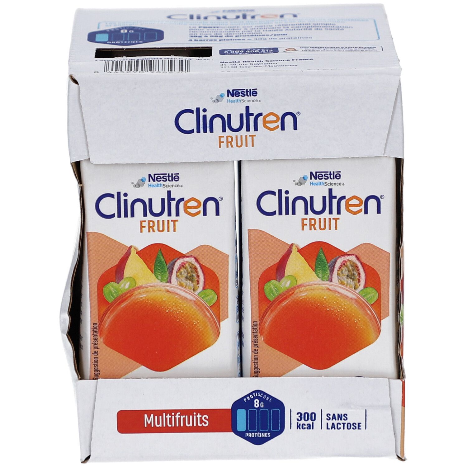Emballage Clinutren Fruit Multifruits. Briques individuelles avec image de fruits. Inscriptions: 8g protéines, 300 kcal, sans lactose.