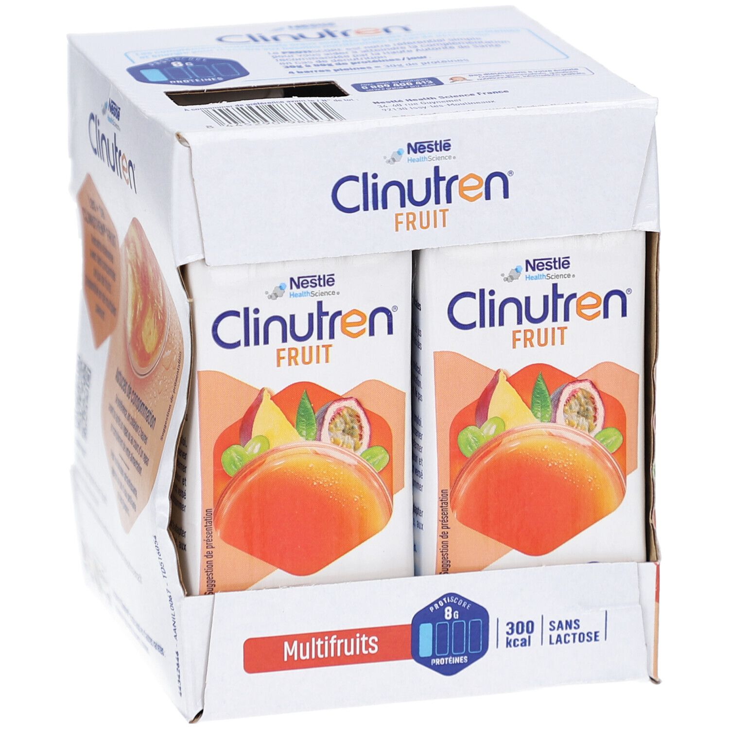 Emballage Clinutren Fruit. Briques individuelles avec image de fruits. Inscriptions: 8g protéines, 300 kcal, sans lactose.