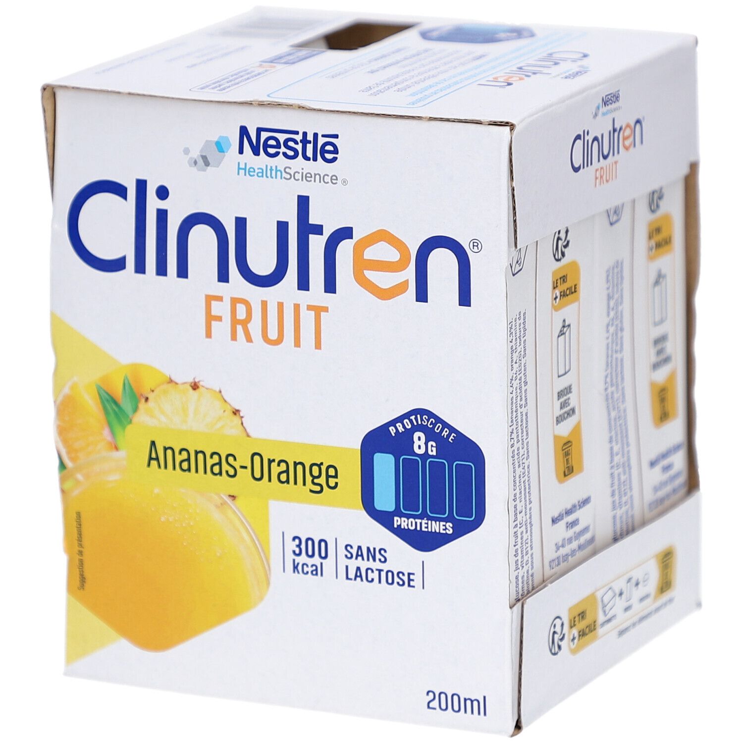 Emballage carton Clinutren Fruit Ananas-Orange. Inscriptions: Nestle, Fruit, Ananas-Orange, 8g protéines, 300 kcal, sans lactose.