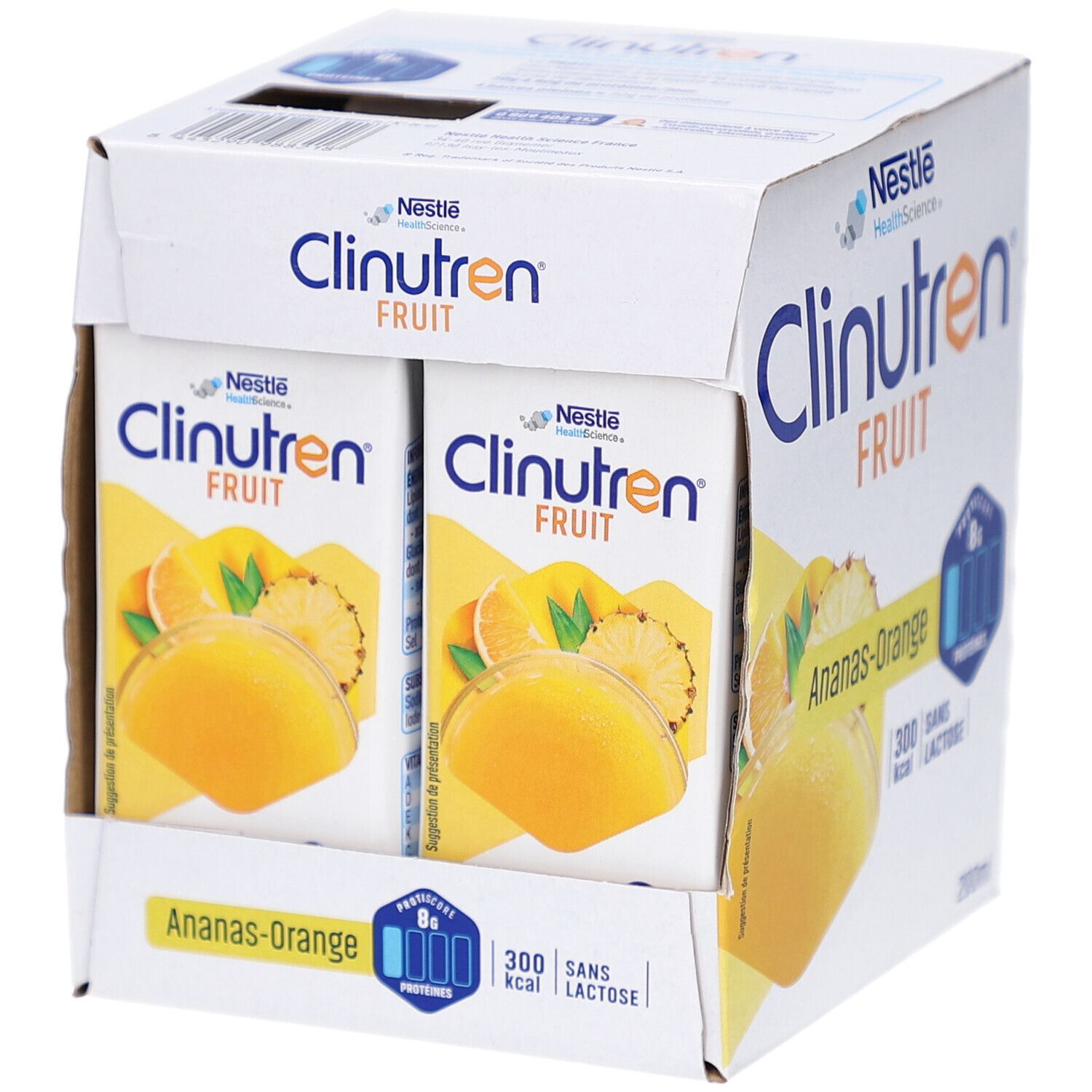 Emballage carton Clinutren Fruit Ananas-Orange. Deux briques visibles. Inscriptions: Nestle, Fruit, Ananas-Orange, 8g protéines.