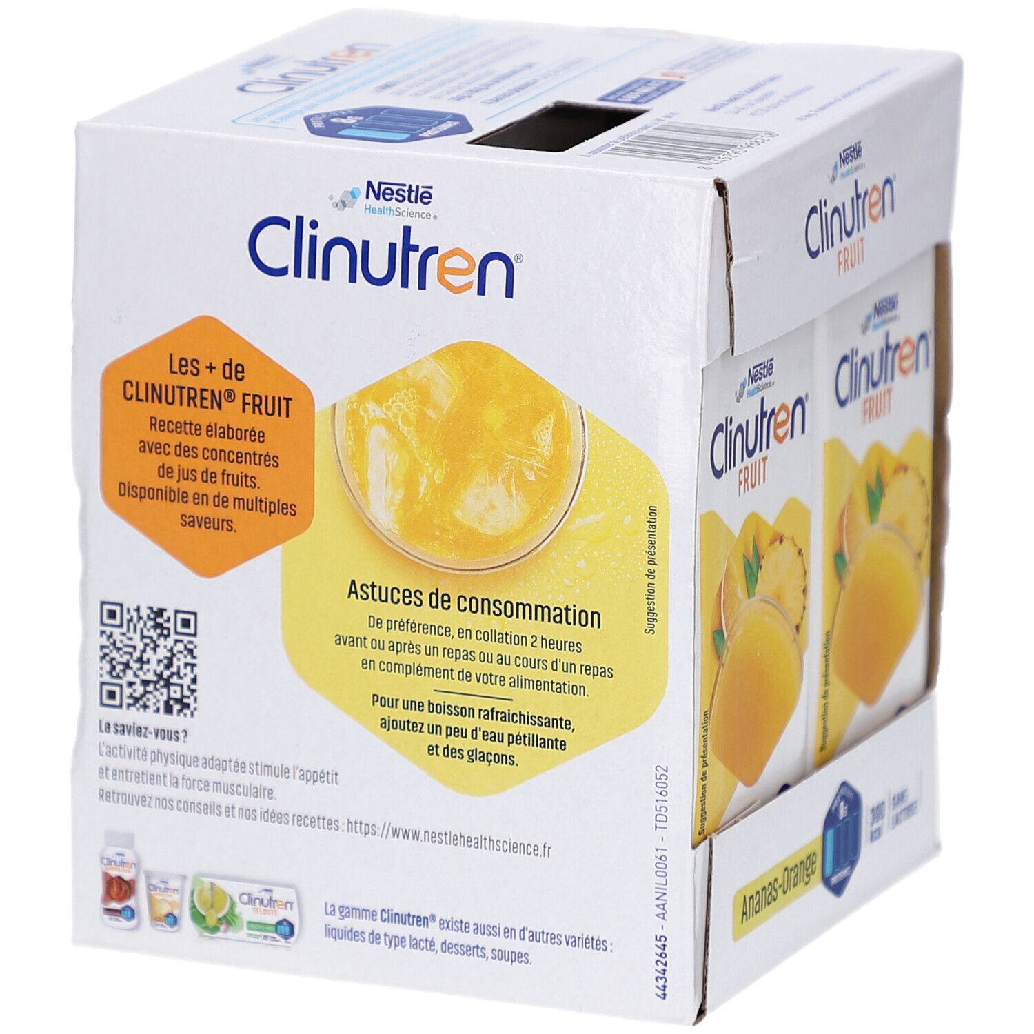 Emballage carton Clinutren Fruit. Inscriptions: Nestle, Fruit, QR code, conseils d'utilisation, saveurs, Ananas-Orange.