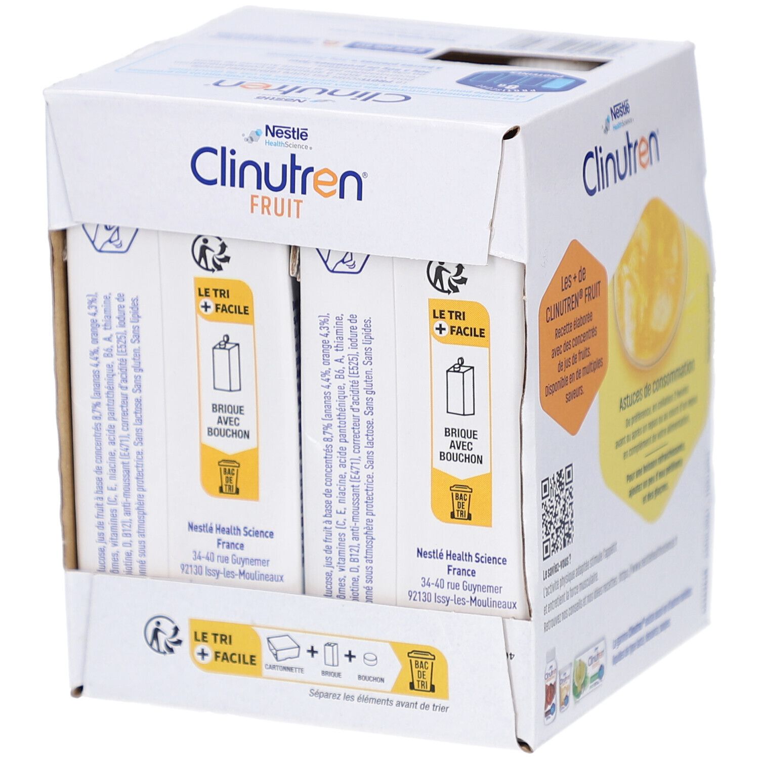 Emballage carton Clinutren Fruit. Dos avec informations. Inscriptions: Nestle, Fruit, Ananas-Orange, conseils de recyclage.