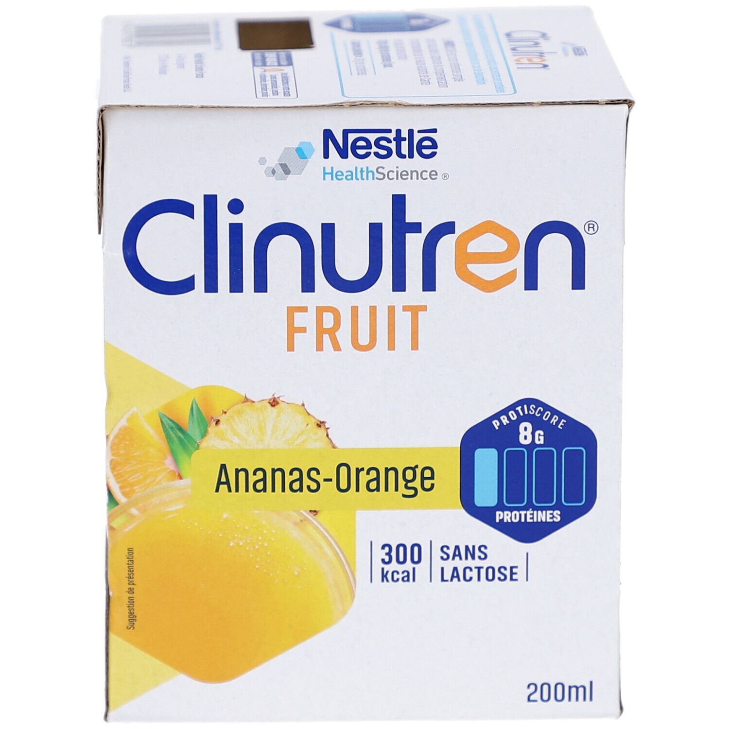 Emballage carton Clinutren Fruit Ananas-Orange. Inscriptions: Nestle, Fruit, Ananas-Orange, 8g protéines, 300 kcal, sans lactose, 200ml.