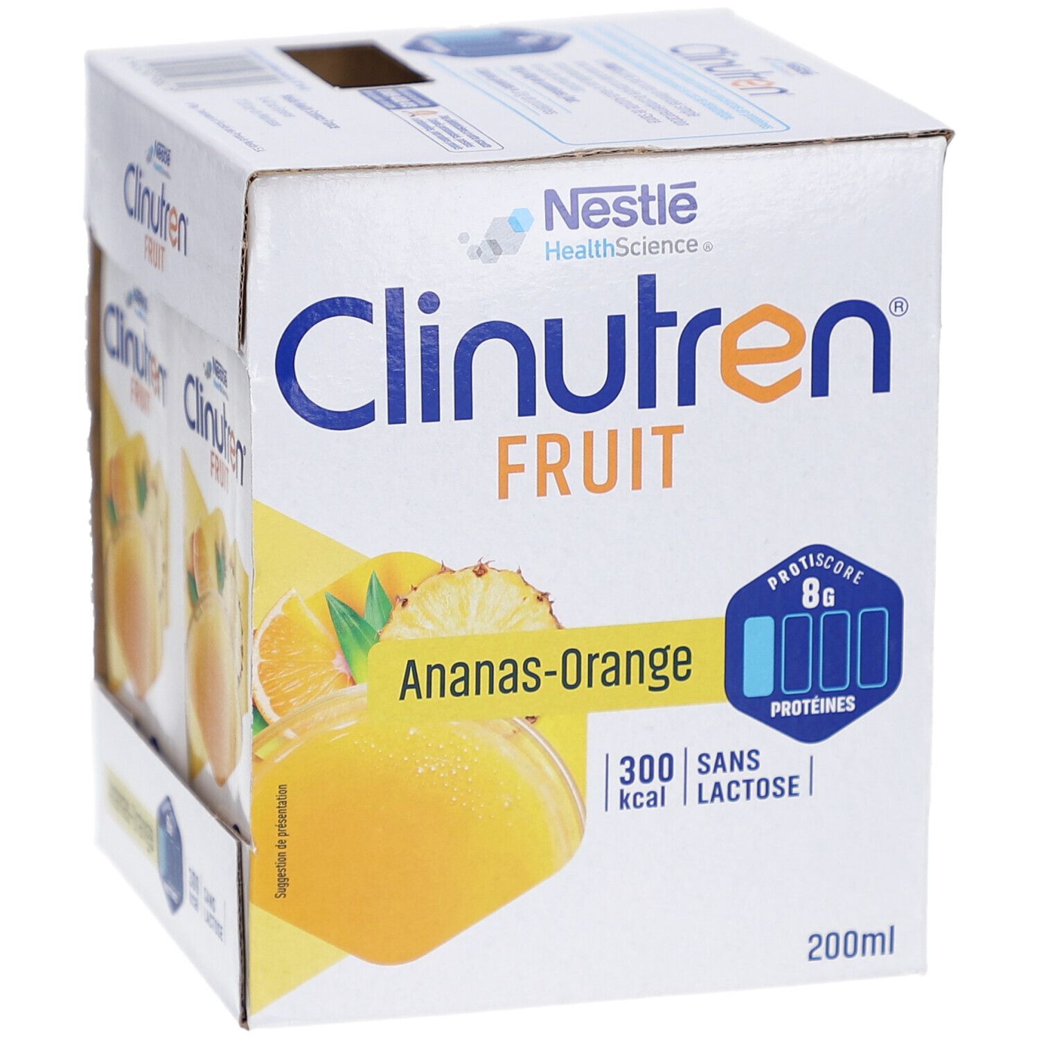 Emballage carton Clinutren Fruit Ananas-Orange. Inscriptions: Nestle, Fruit, Ananas-Orange, 8g protéines, 300 kcal, sans lactose, 200ml.