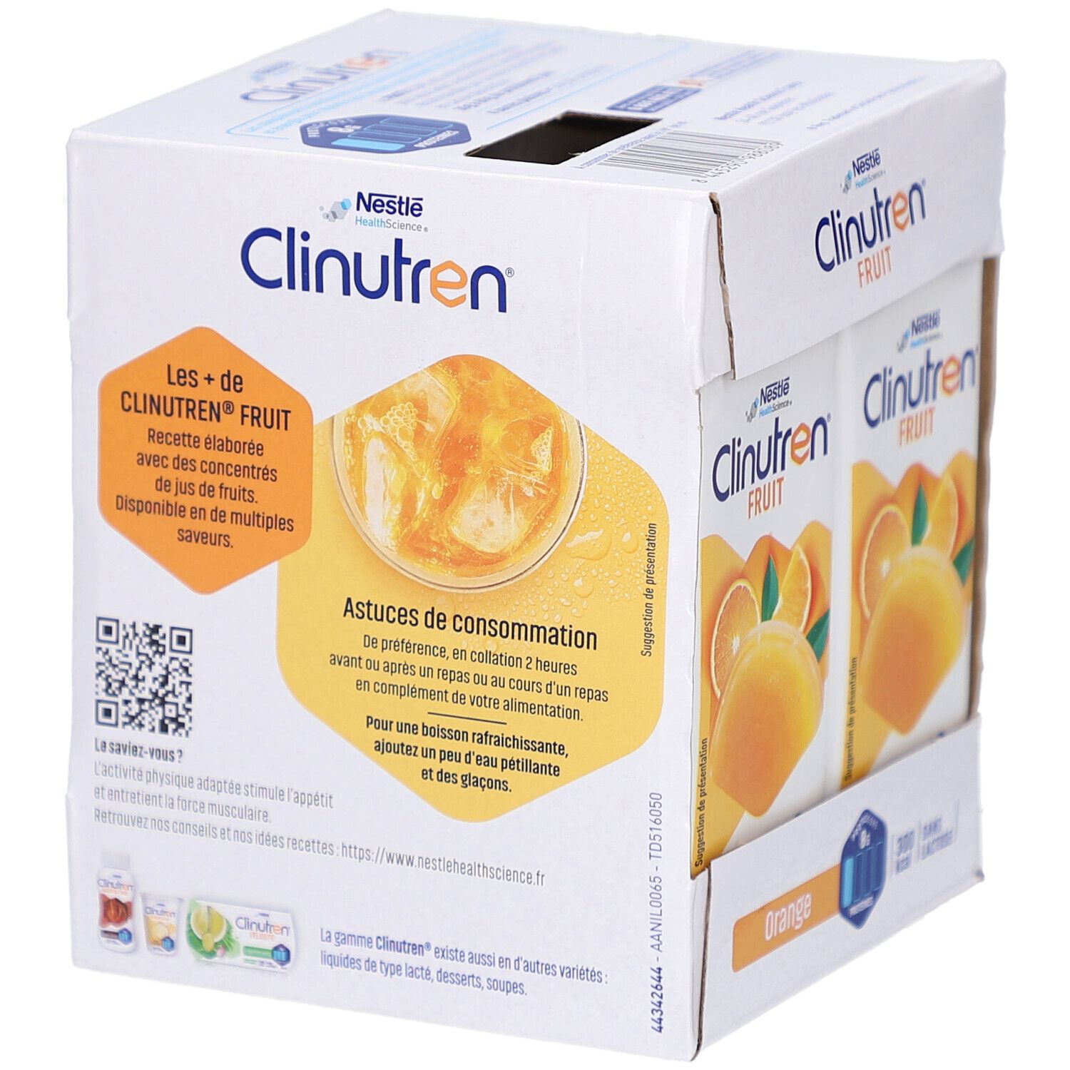 Emballage carton avec briques Clinutren Fruit. Marque Nestle. Texte et QR code. Images d'oranges sur les briques individuelles.