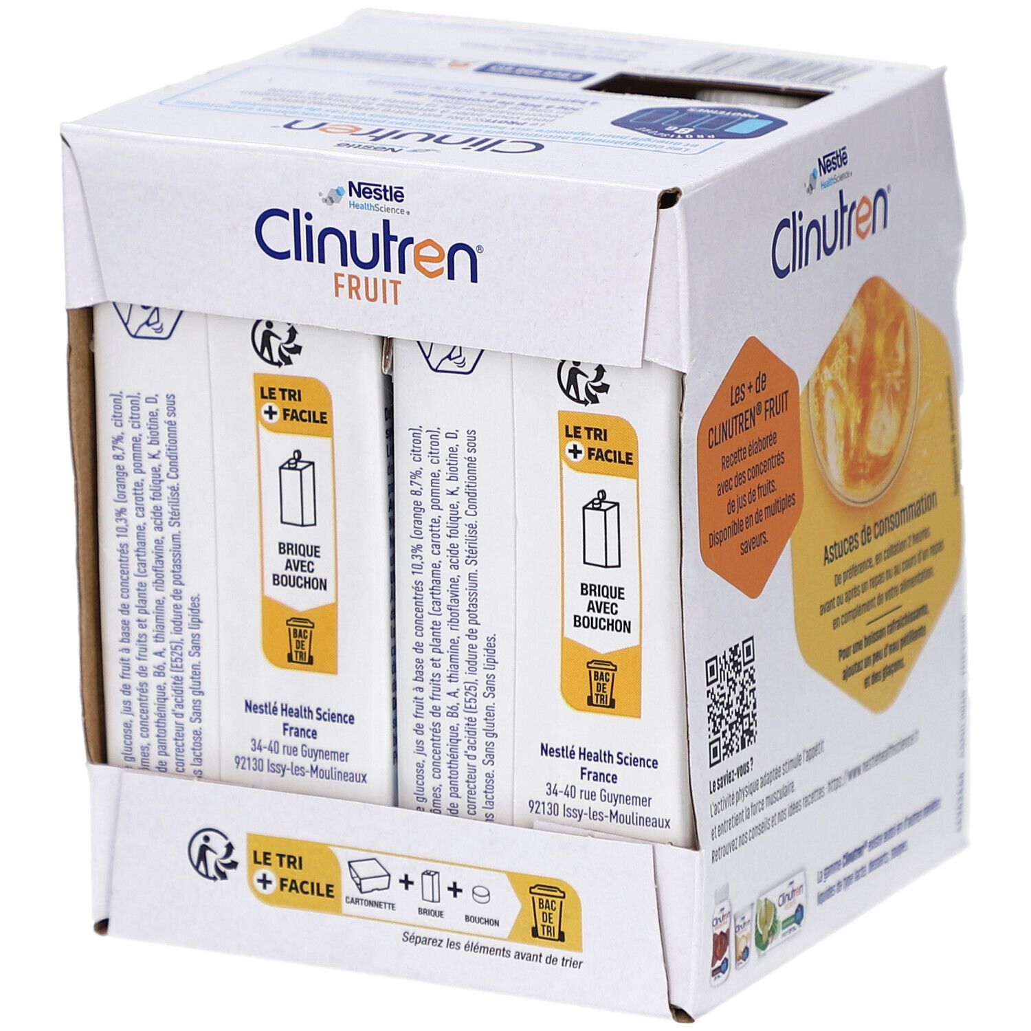 Emballage carton avec briques Clinutren Fruit, Nestle Health Science. Texte et illustrations. Briques individuelles.