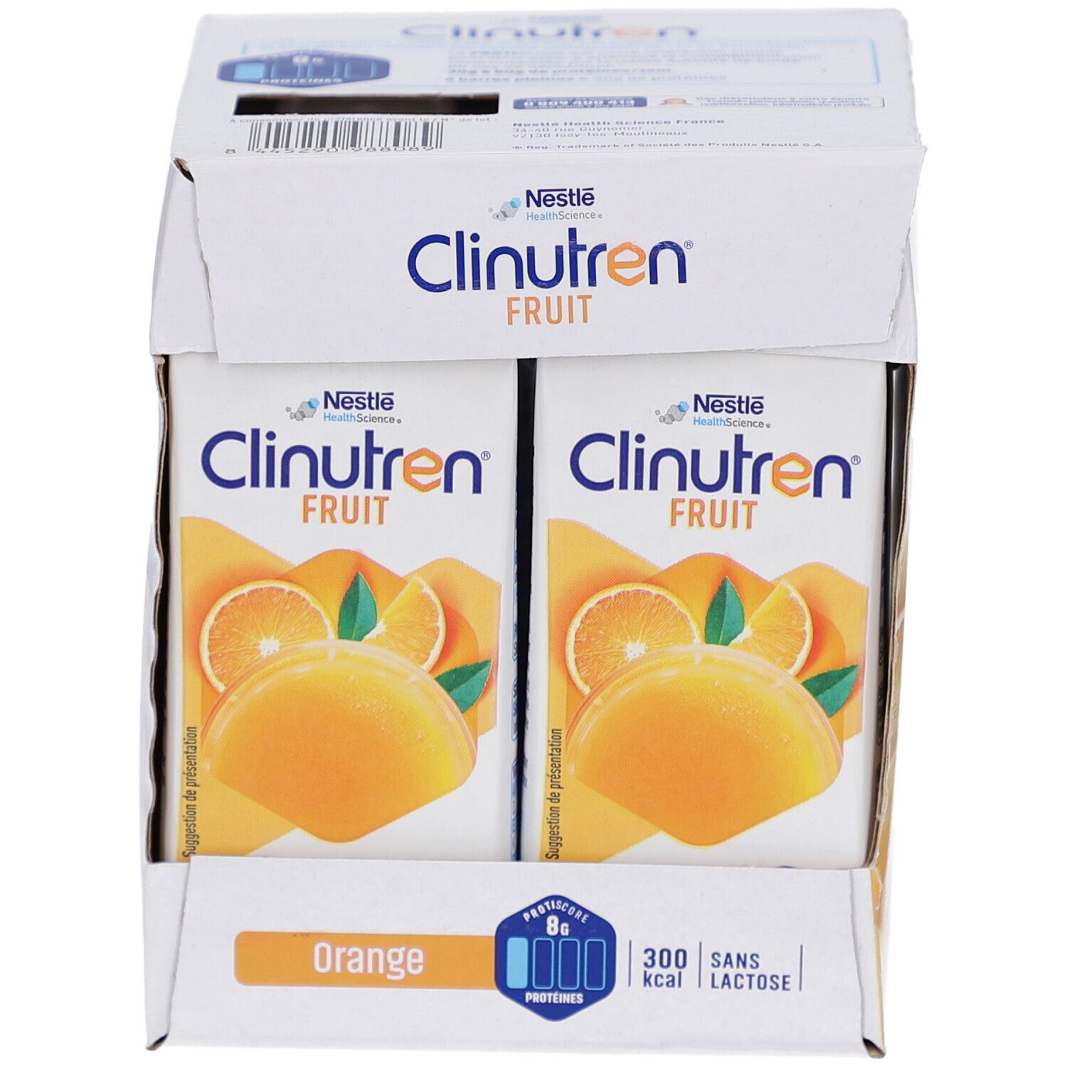 Emballage carton avec briques Clinutren Fruit Orange, Nestle Health Science. Images d'oranges sur les briques individuelles.