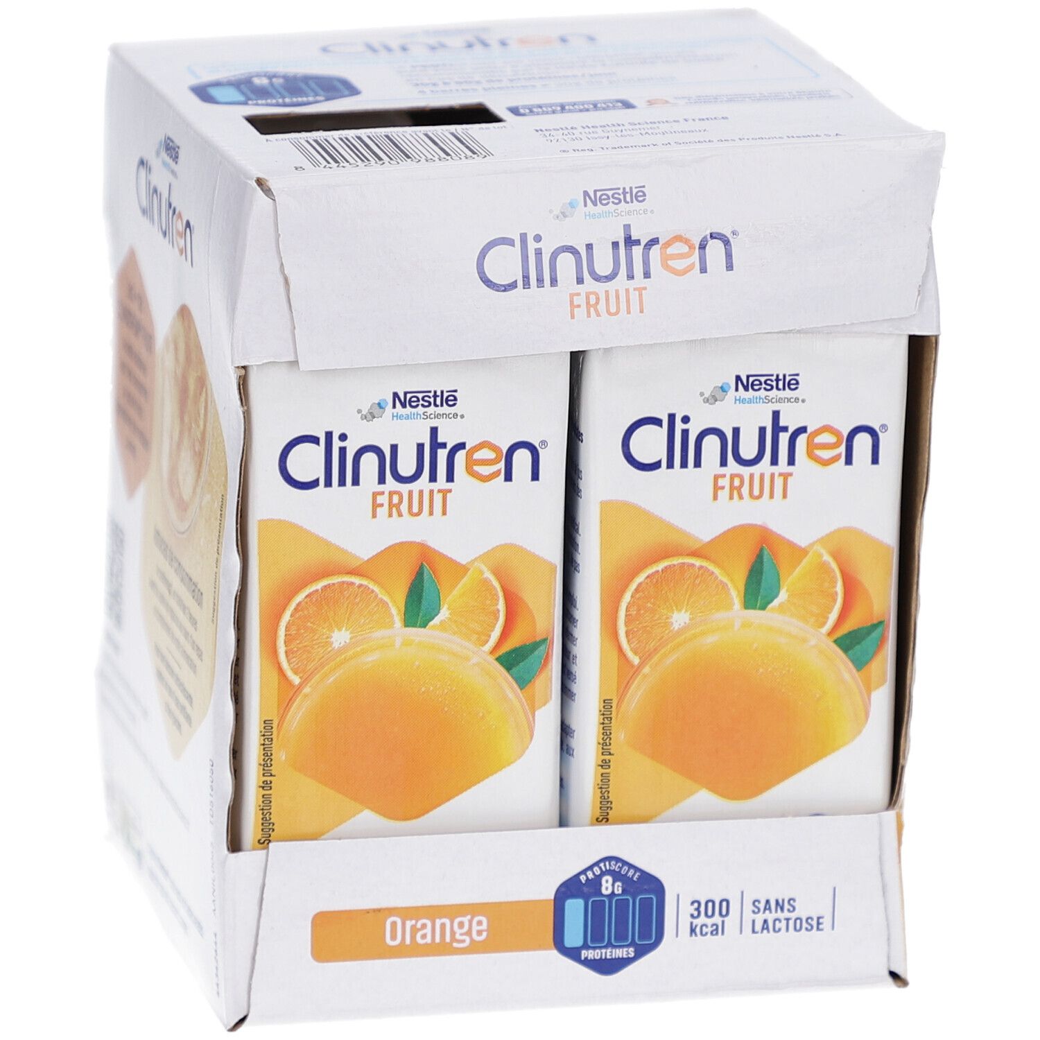 Emballage carton avec briques Clinutren Fruit Orange, Nestle Health Science. Images d'oranges sur les briques individuelles.