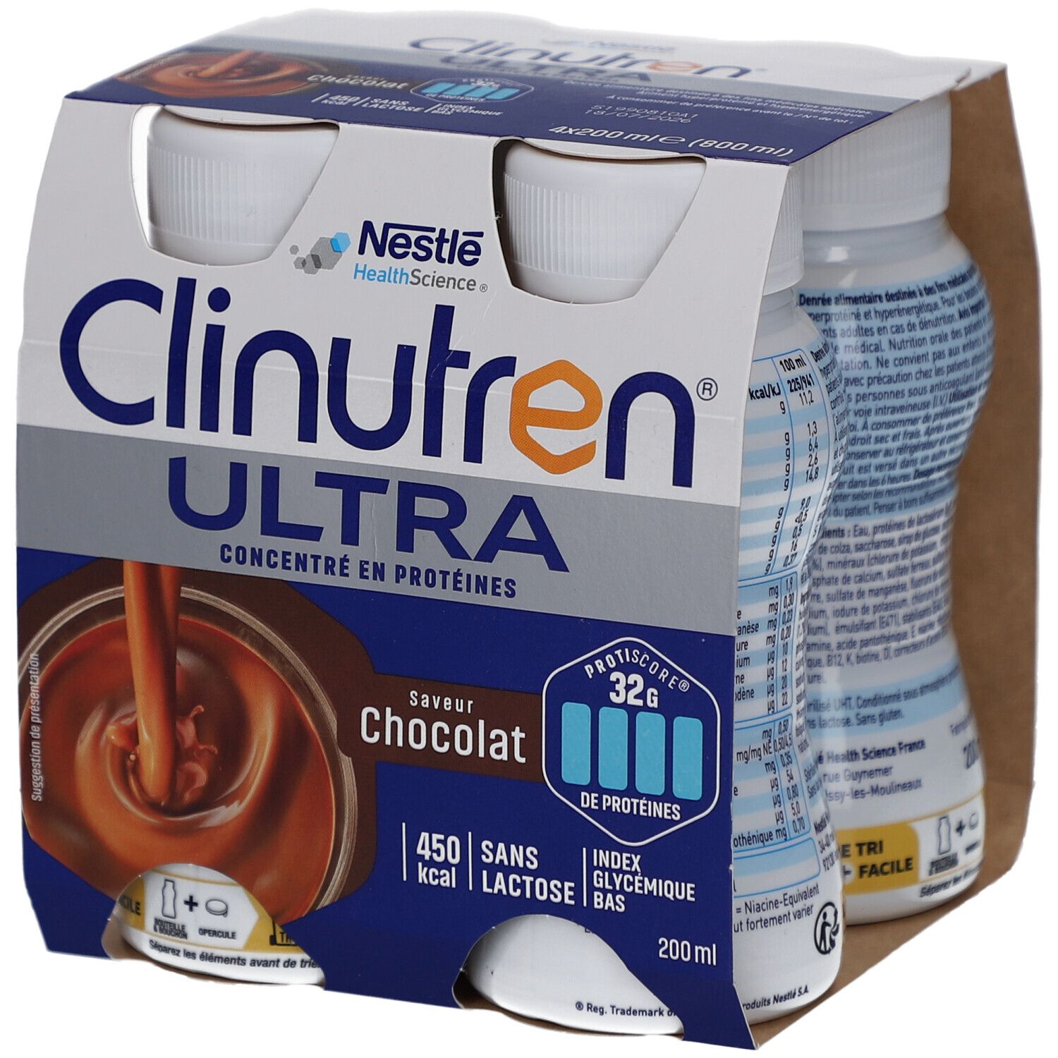 Emballage de quatre bouteilles Clinutren Ultra Chocolat. Inscriptions : Nestle, Ultra, concentré en protéines, saveur chocolat, 450 kcal, sans lactose.