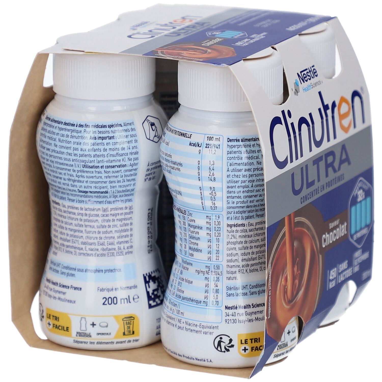 Emballage de deux bouteilles Clinutren Ultra Chocolat. Inscriptions : Nestle, Ultra, concentré en protéines, saveur chocolat, 450 kcal, sans lactose.